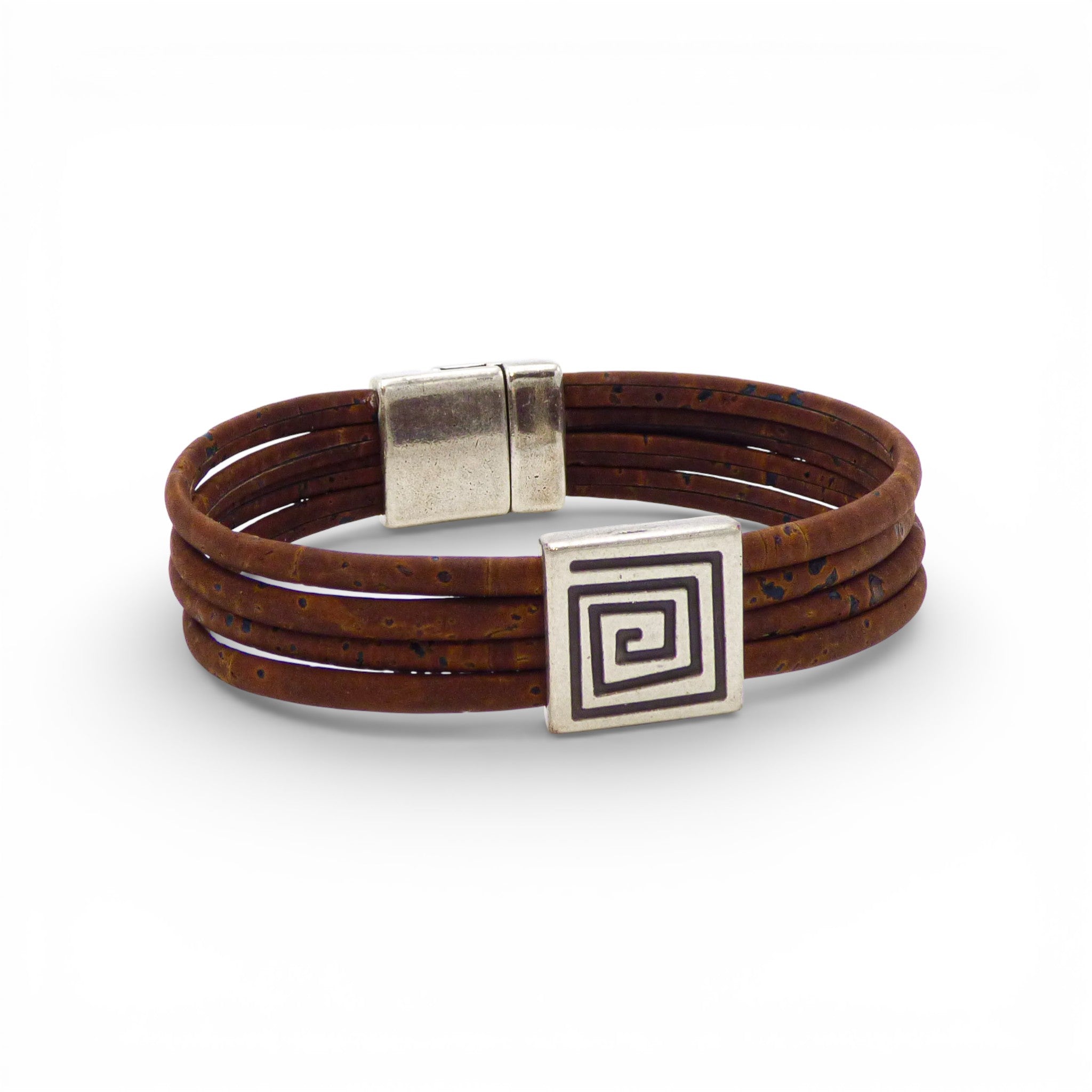 Bracelet grecque multi-cordons en liège brun — Artipel, fermoir métal blanchi, Portugal