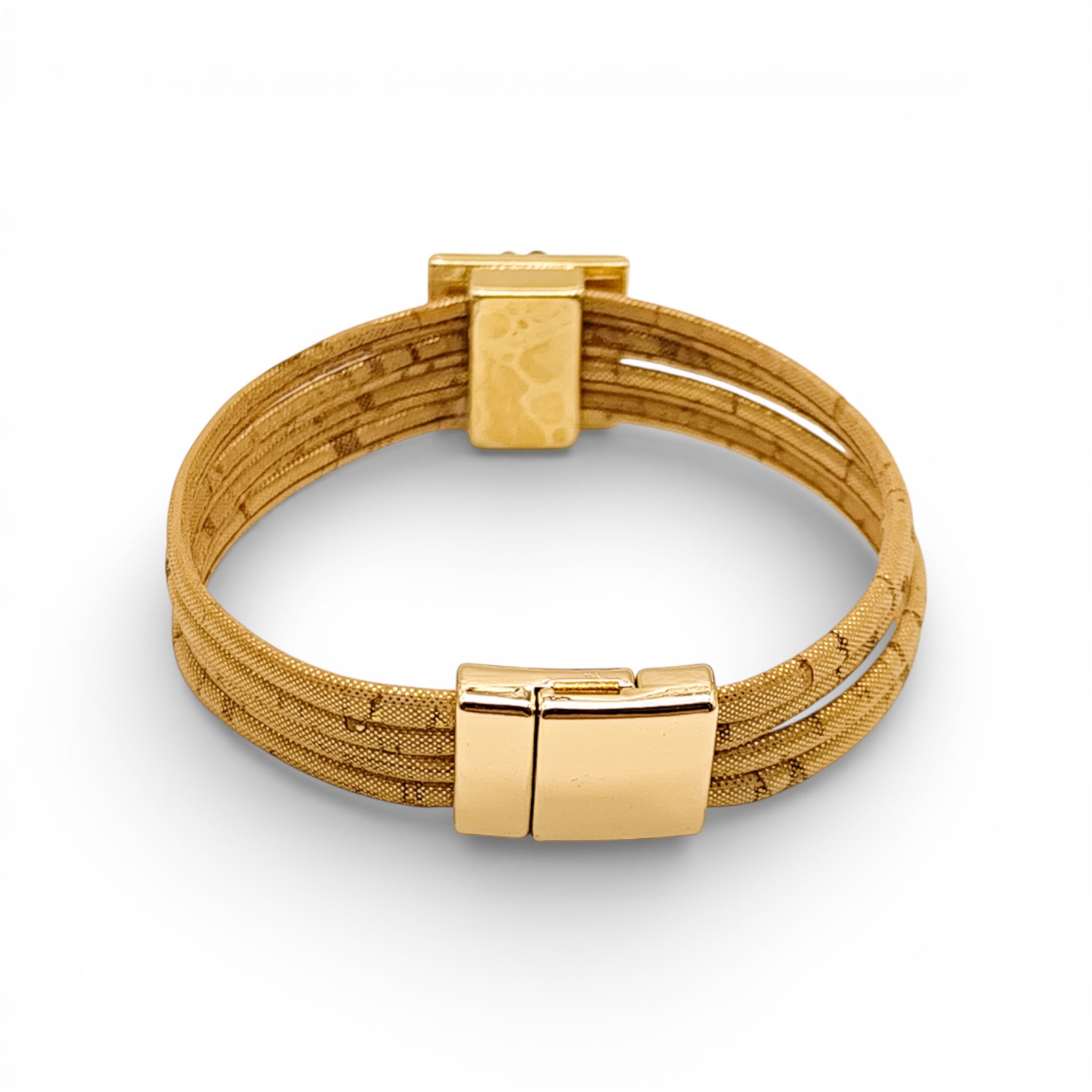 Bracelet multi-rangs en liège naturel vue de dessus — Artipel, double fermoir métal doré, Portugal