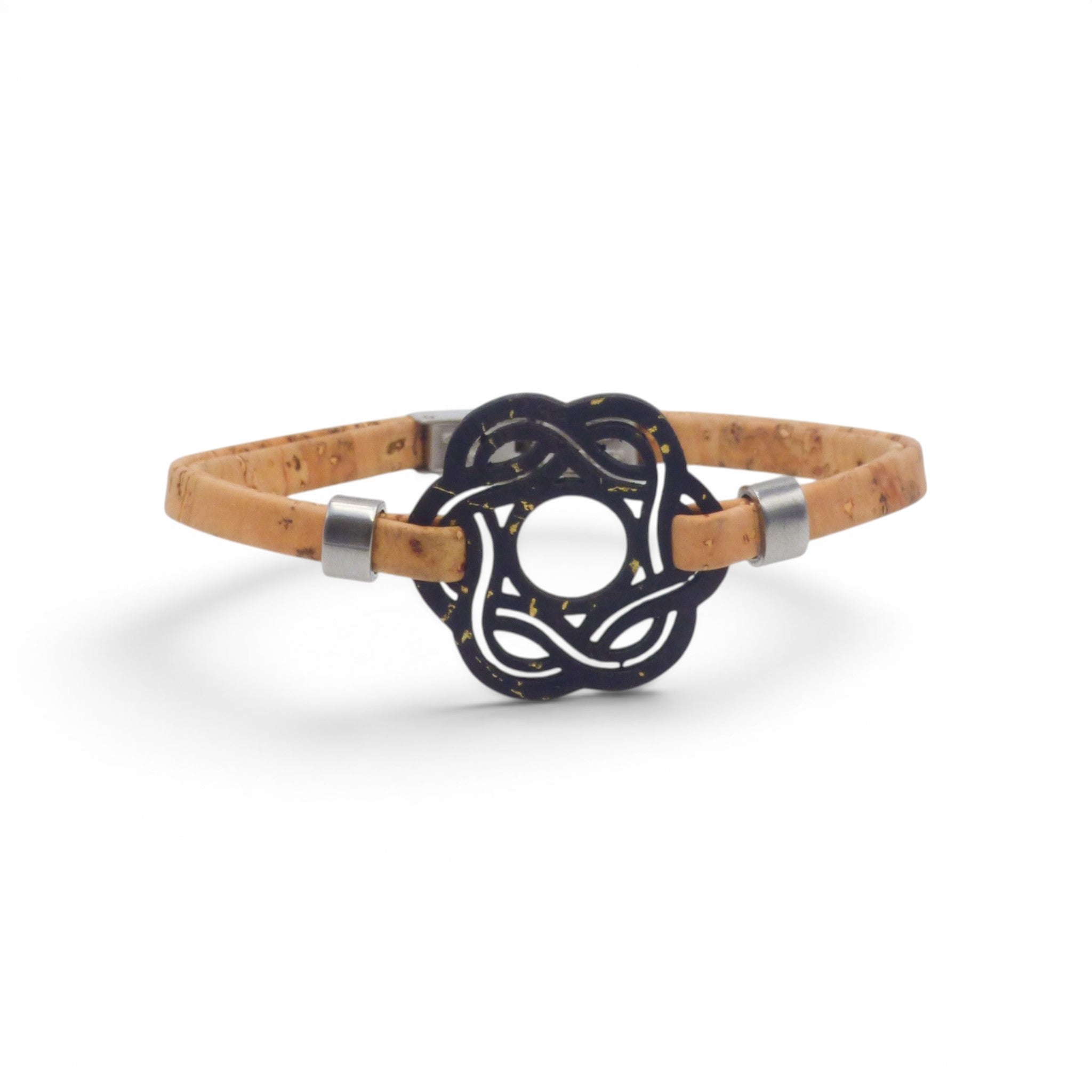Bracelet liège noir teinté et doré, design ethnique, bijou fait main vegan