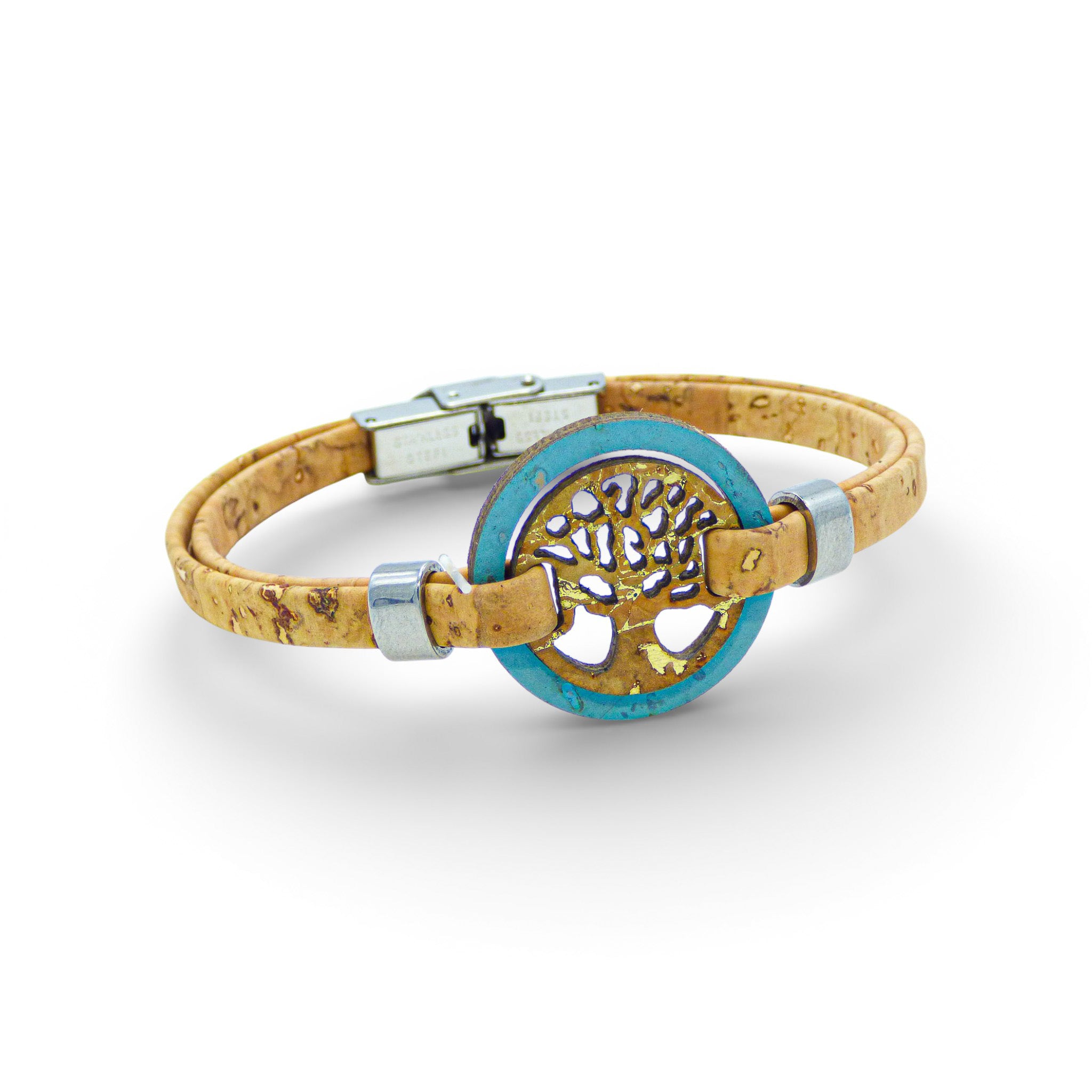 Turquoise and gold Tree of Life medallion bracelet made from cork by Cork Colors for women.