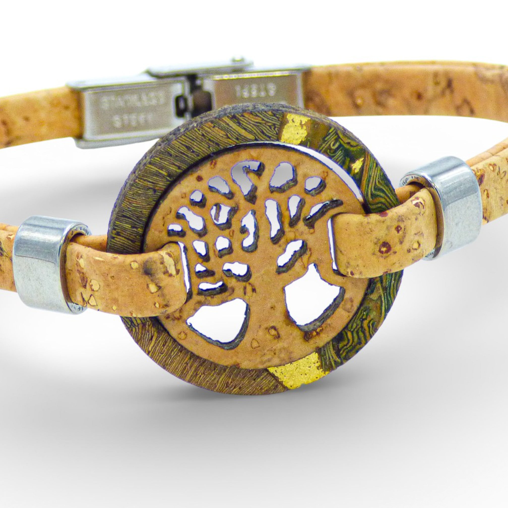 Green and gold Tree of Life medallion bracelet made from cork, designed for women by Cork Colors.