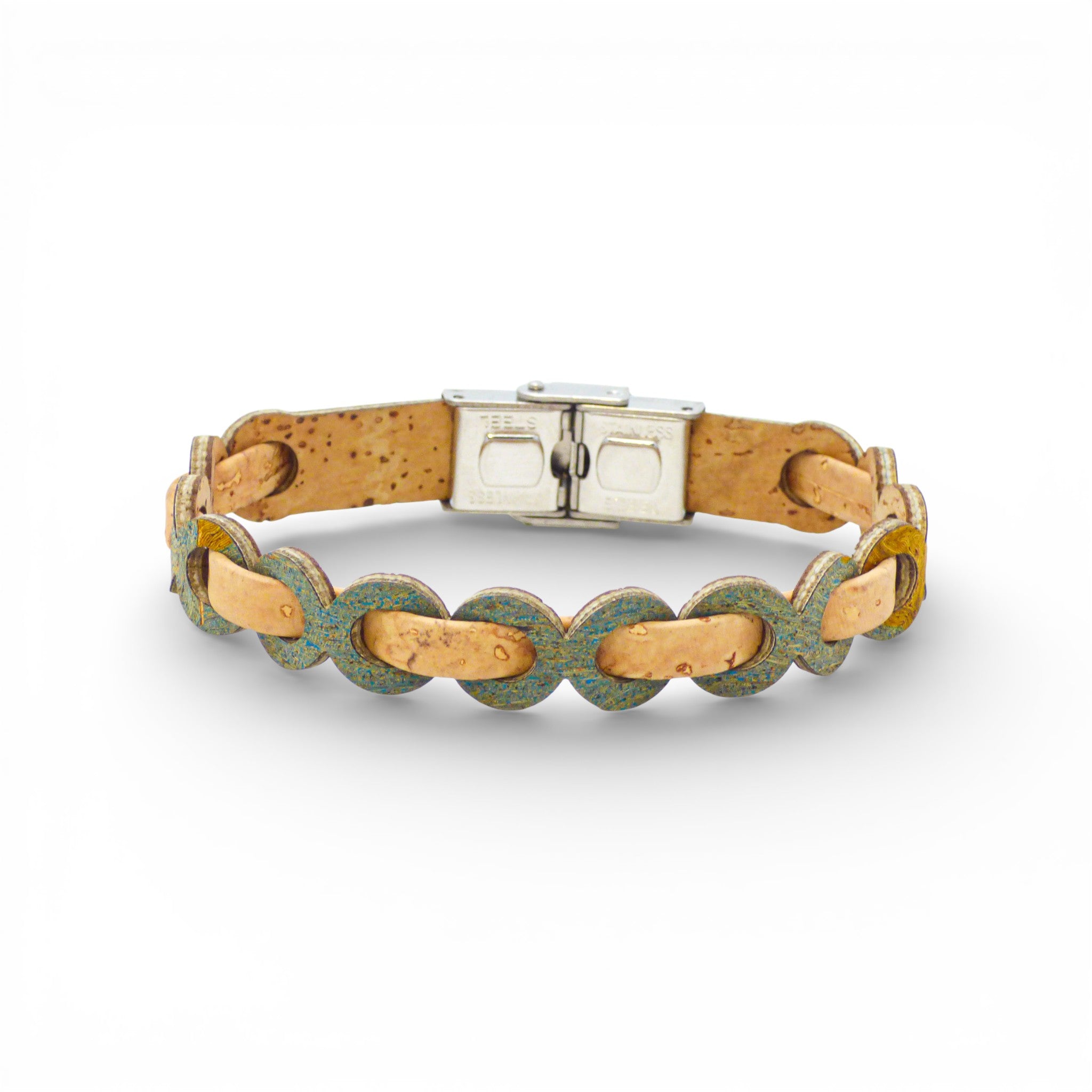 Multi-cord bracelet in natural cork with green and yellow accents, designed for women by Cork Colors.