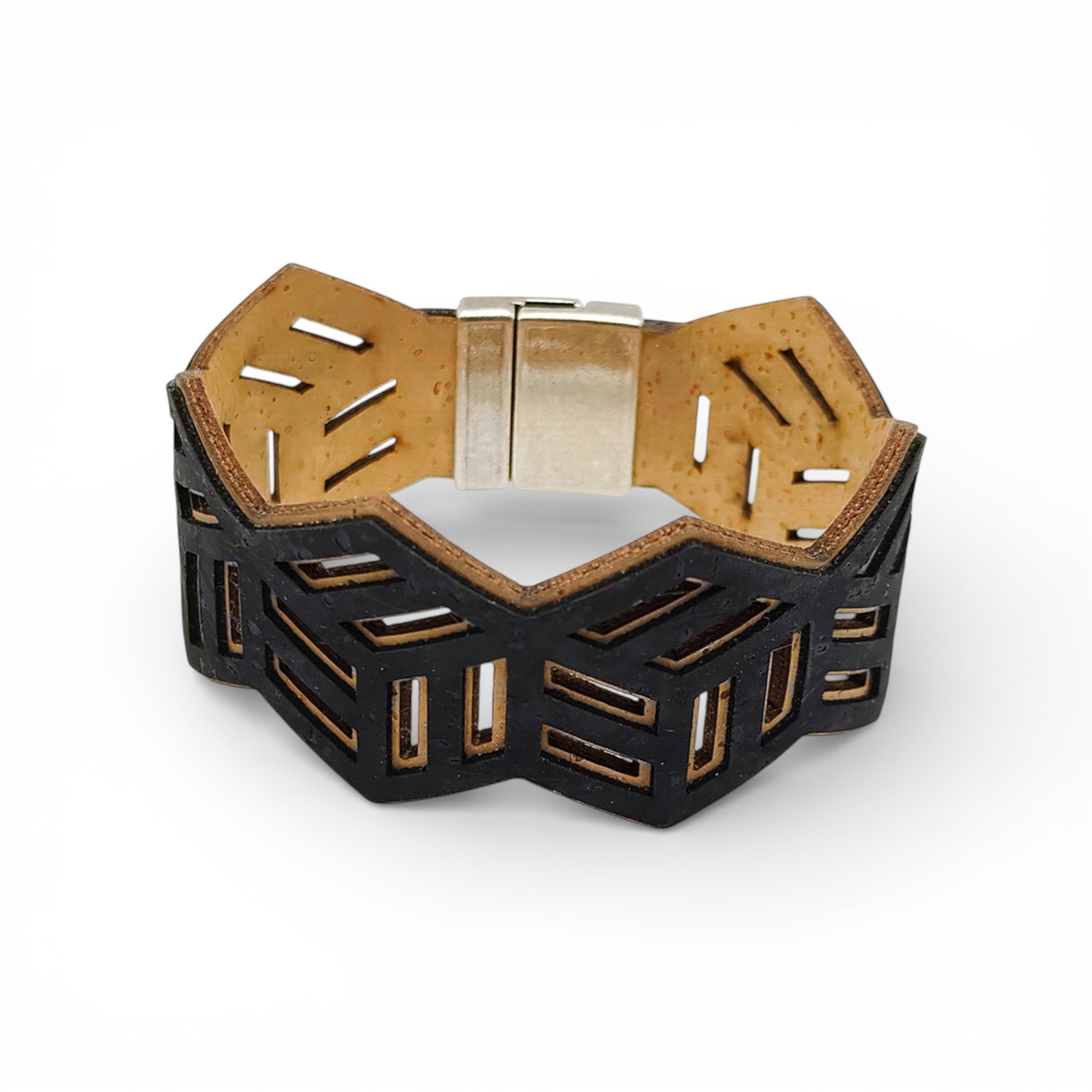 Bracelet vegan et éco-responsable en liège naturel du Portugal : Bracelet Manchette Hexagone Noir - Artipel - Home & Liège