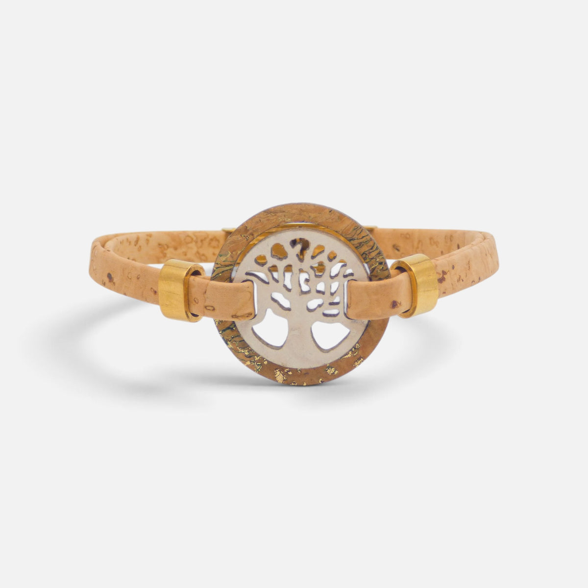 Médaillon arbre de vie sur liège moucheté d'or, bracelet fin à deux rangs