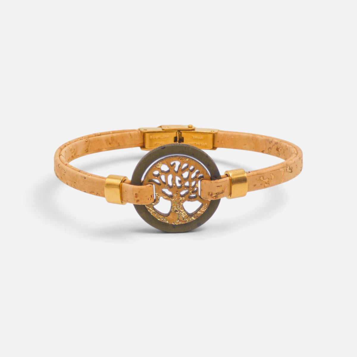 Bracelet en liège à médaillon arbre de vie kaki, cordon naturel double rang