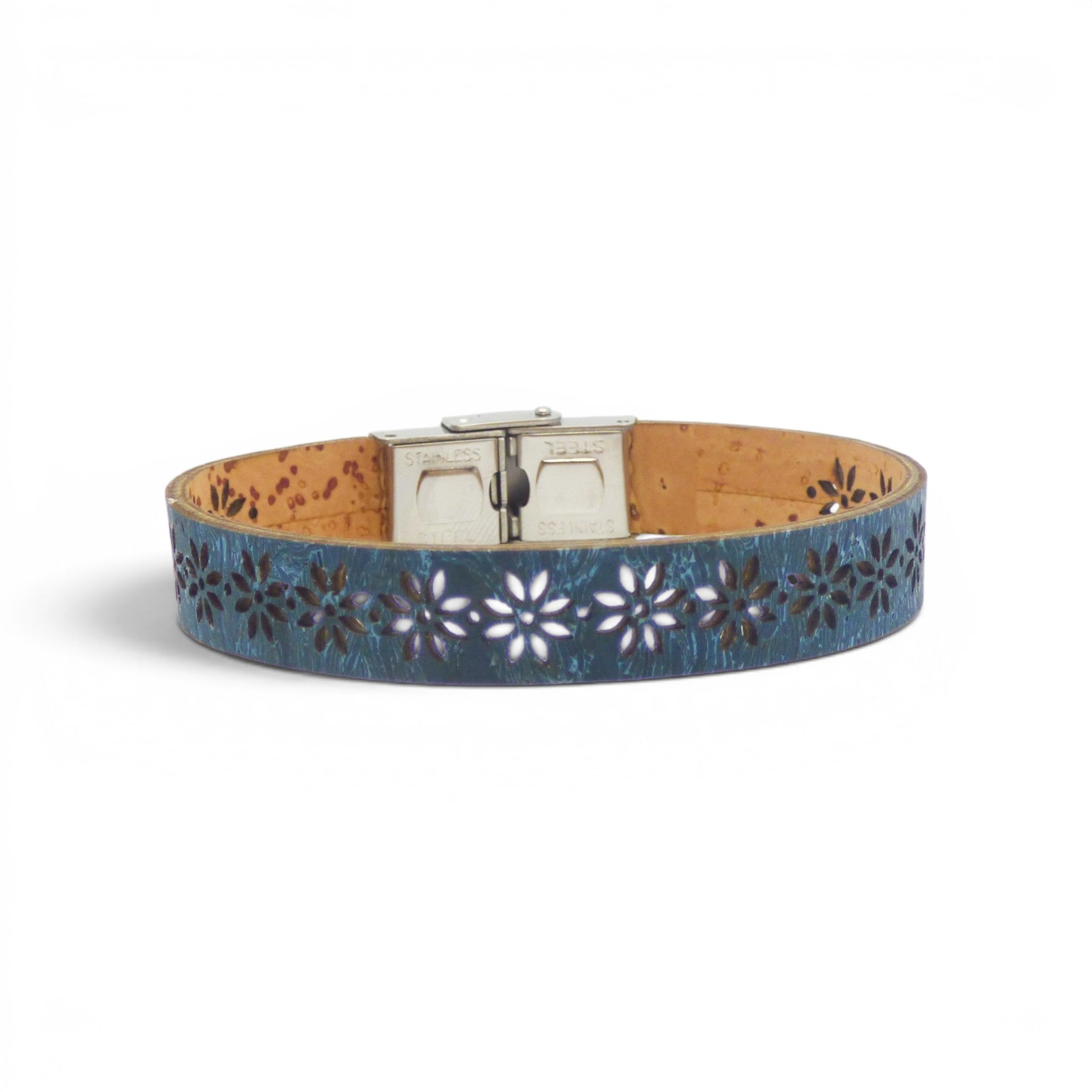 Bracelet plat bleu électrique avec motif Fleur perforé - liège naturel vegan