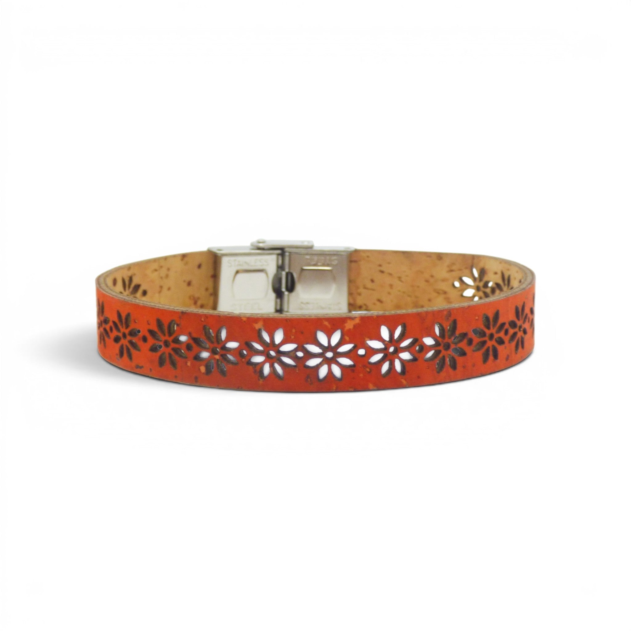 Bracelet Fleur orange en liège naturel - accessoire vegan Portugal, cadeau femme