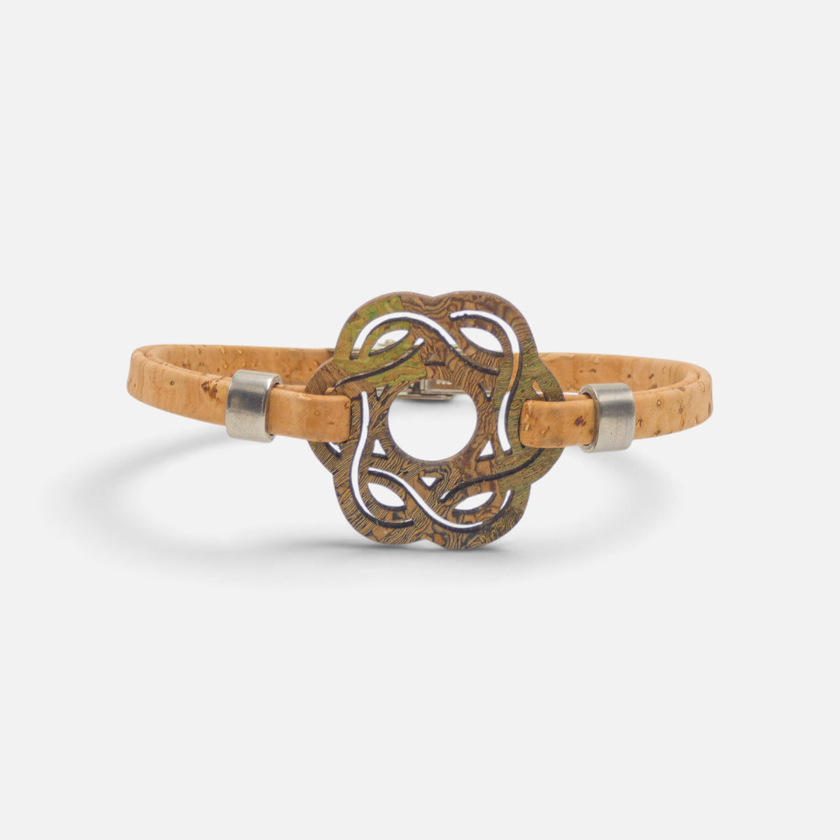 Bracelet en liège à médaillon noeud marin marbré vert, fermoir acier