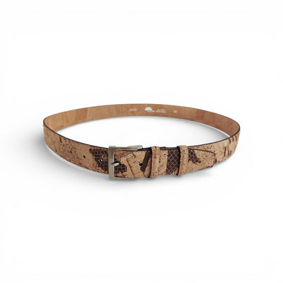 Ceinture en liège motif rayé brun et croisillon — TC Cortiça, boucle métal argent, doublure cuir