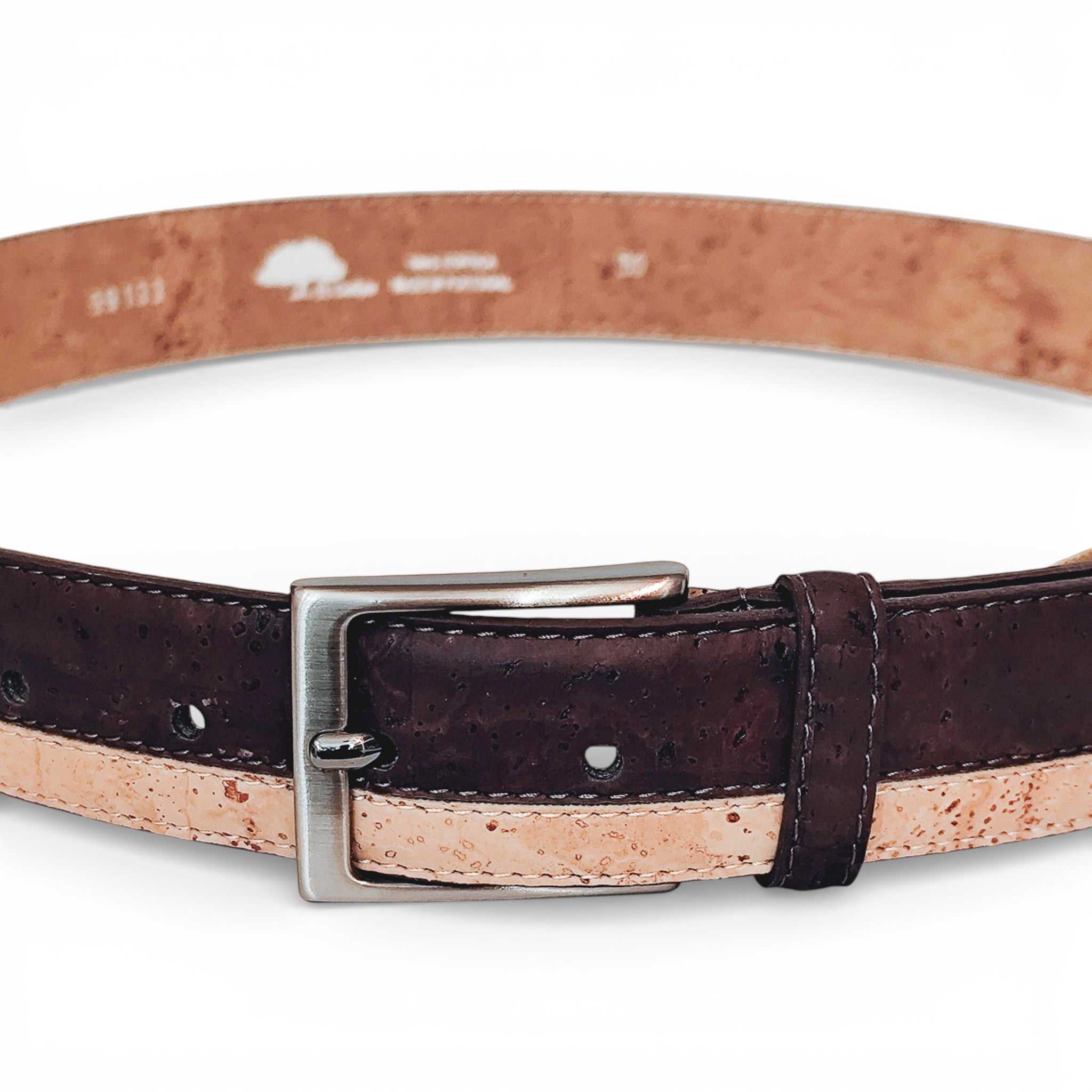 Ceinture en liège bicolore brun et naturel, dos estampillé — TC Cortiça, boucle métal, Portugal