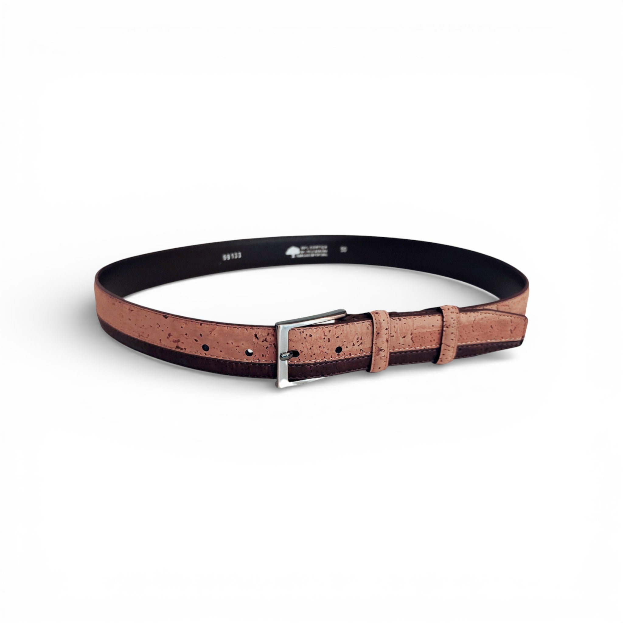 Ceinture en liège bicolore brun et rosé, doublure noire — TC Cortiça, boucle métal, Portugal