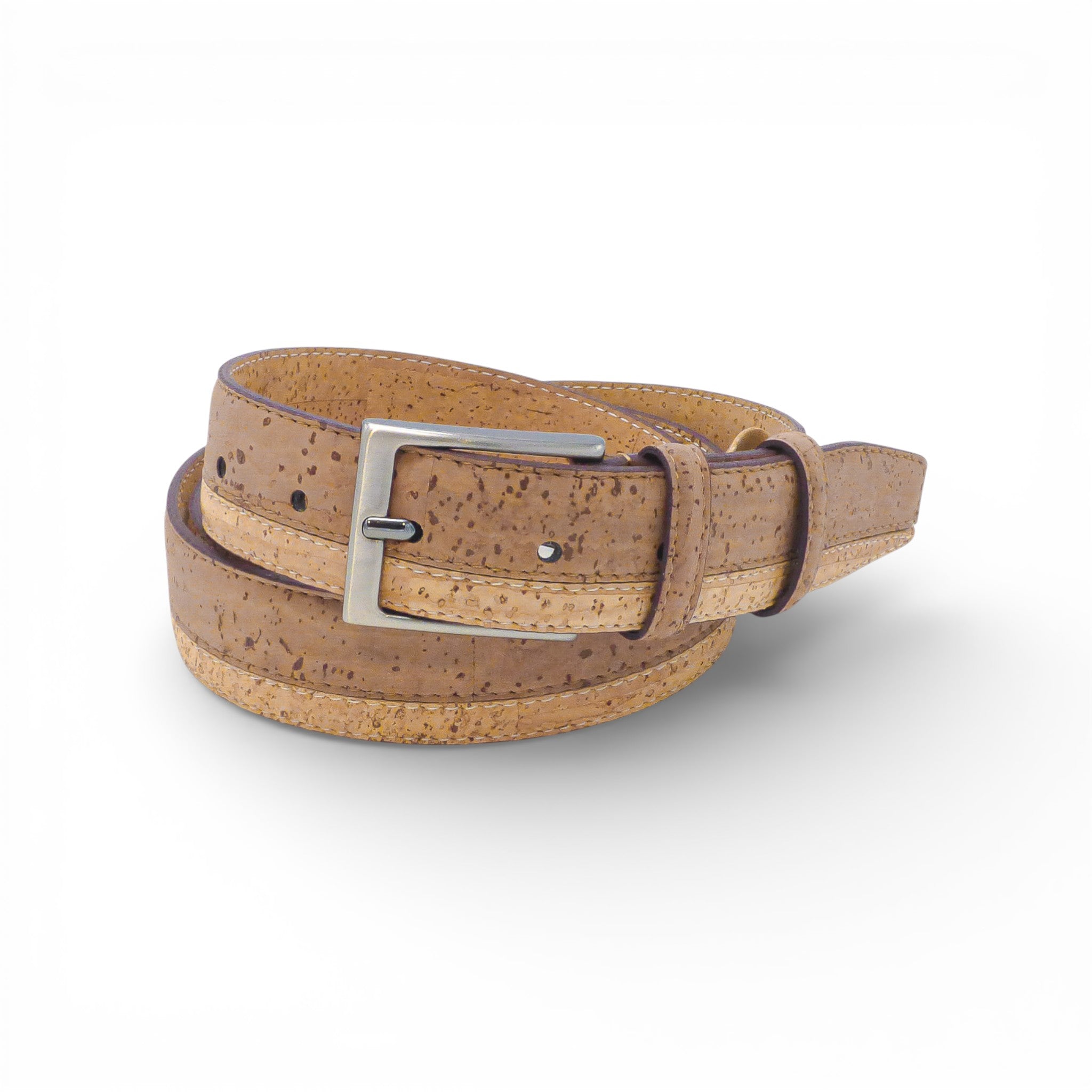 Ceinture enroulée en liège bicolore beige à liseré marron — TC Cortiça, 32mm, boucle argentée, Portugal