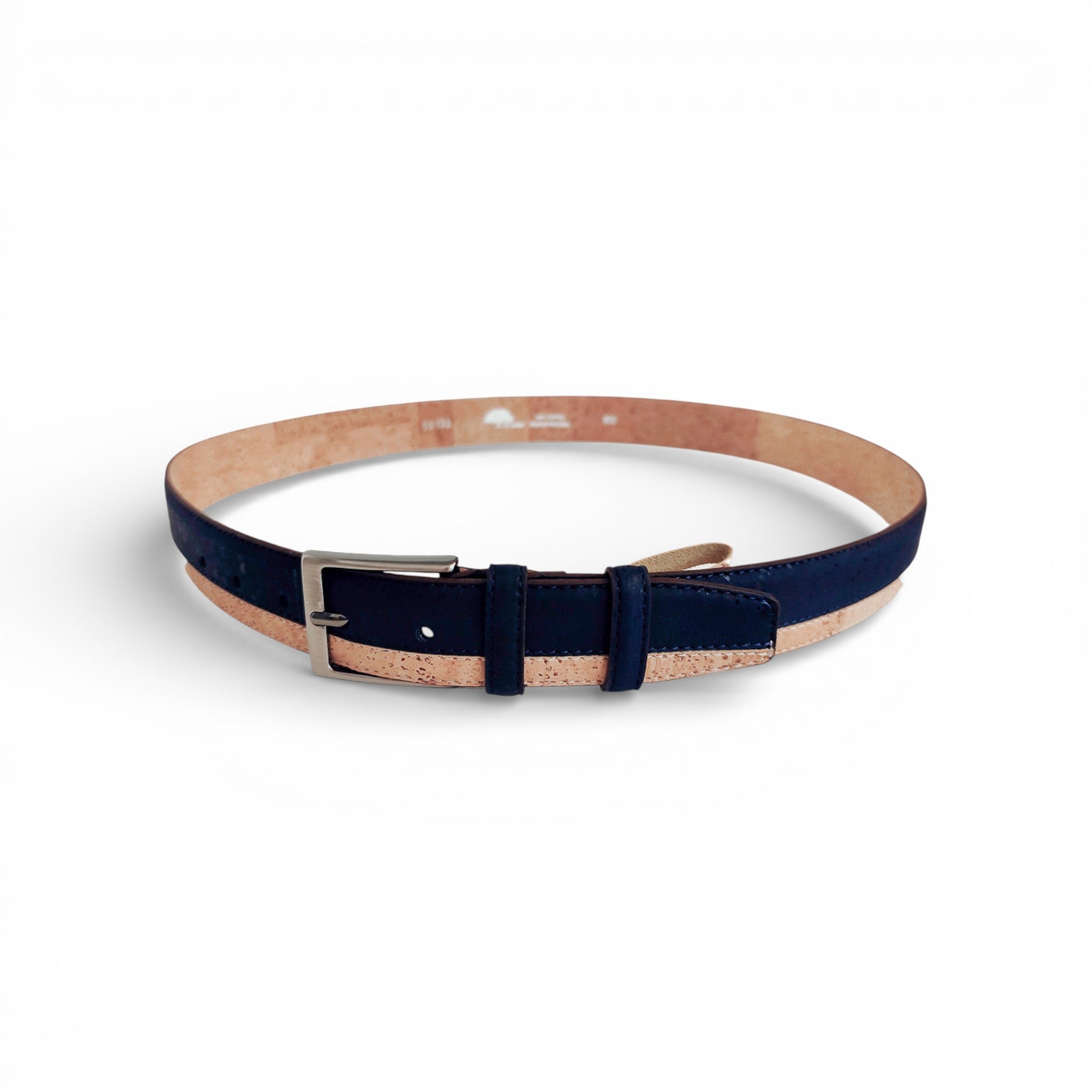 Ceinture en liège bicolore bleu marine et naturel — TC Cortiça, boucle métal, Portugal