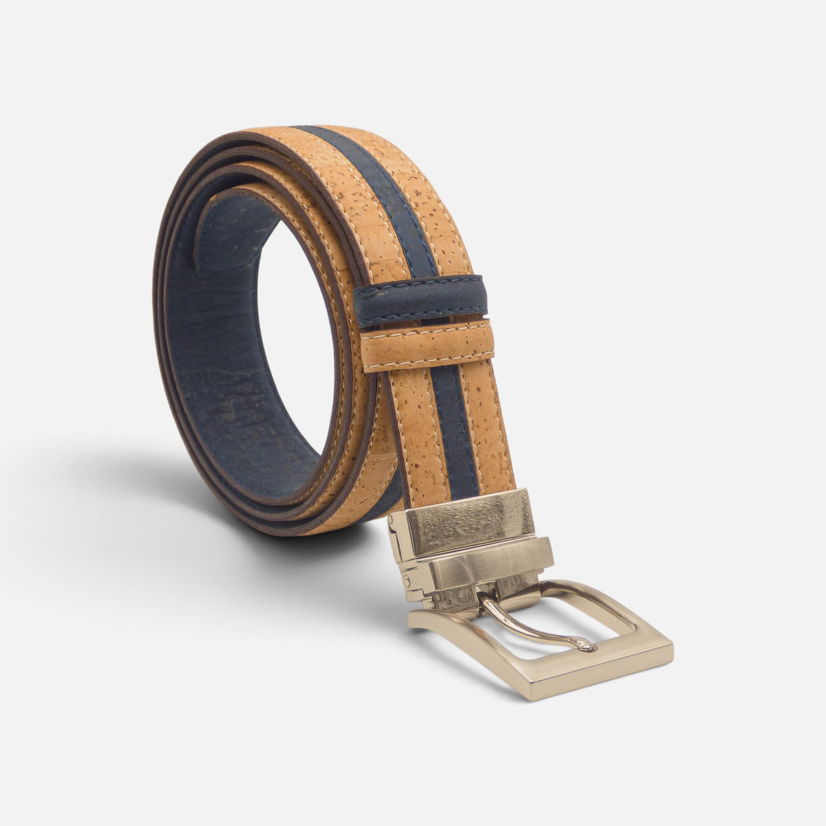 Ceinture réversible en liège naturel à liseré bleu marine, envers bleu