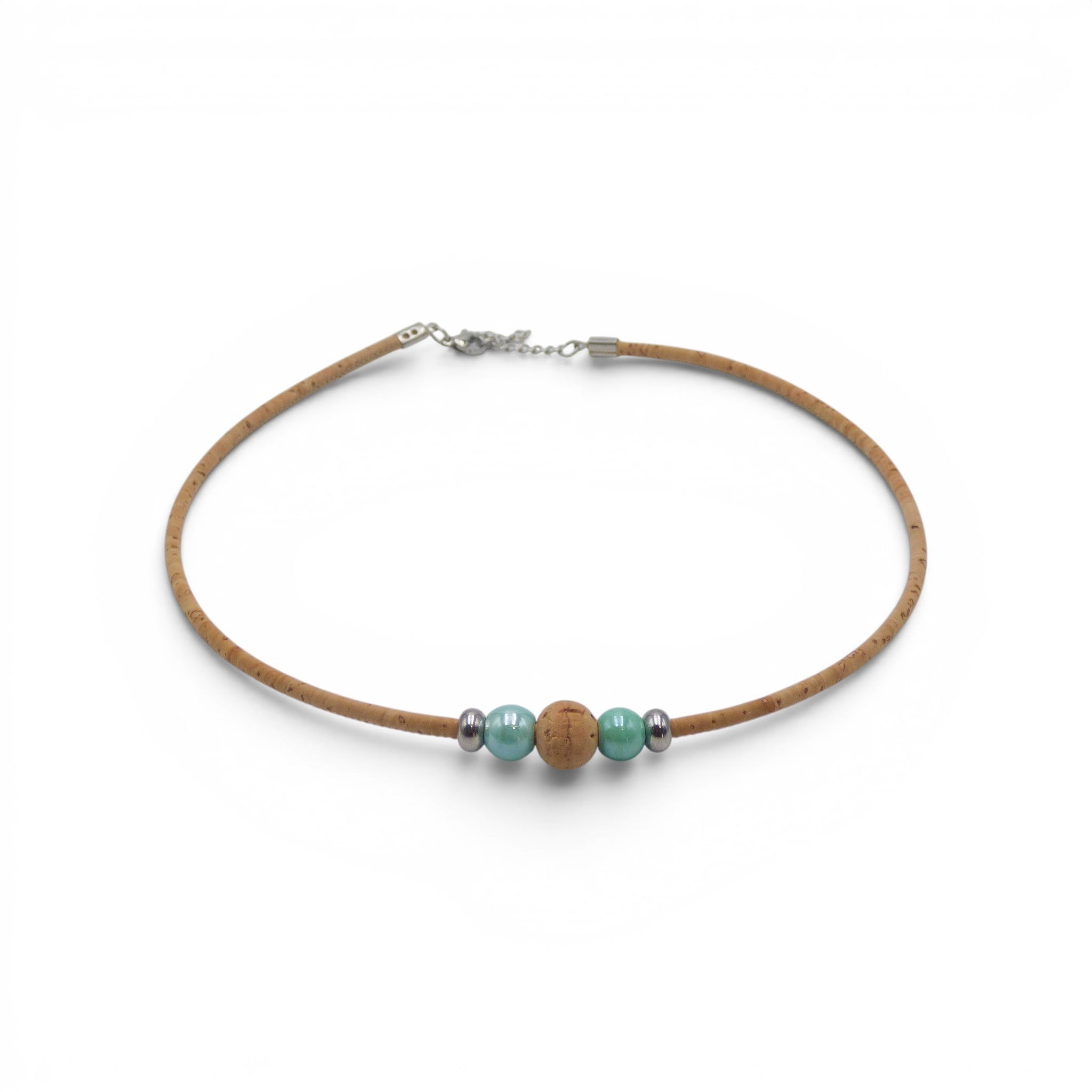 Collier cordon liège et perles céramique turquoise, bijou estival artisanal du Portugal