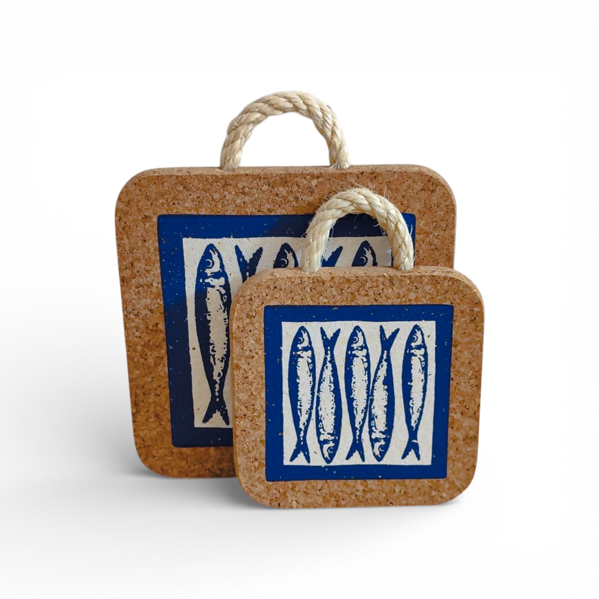 Viking sardines blue cork trivet with two sizes, perfect for protecting surfaces from hot dishes.