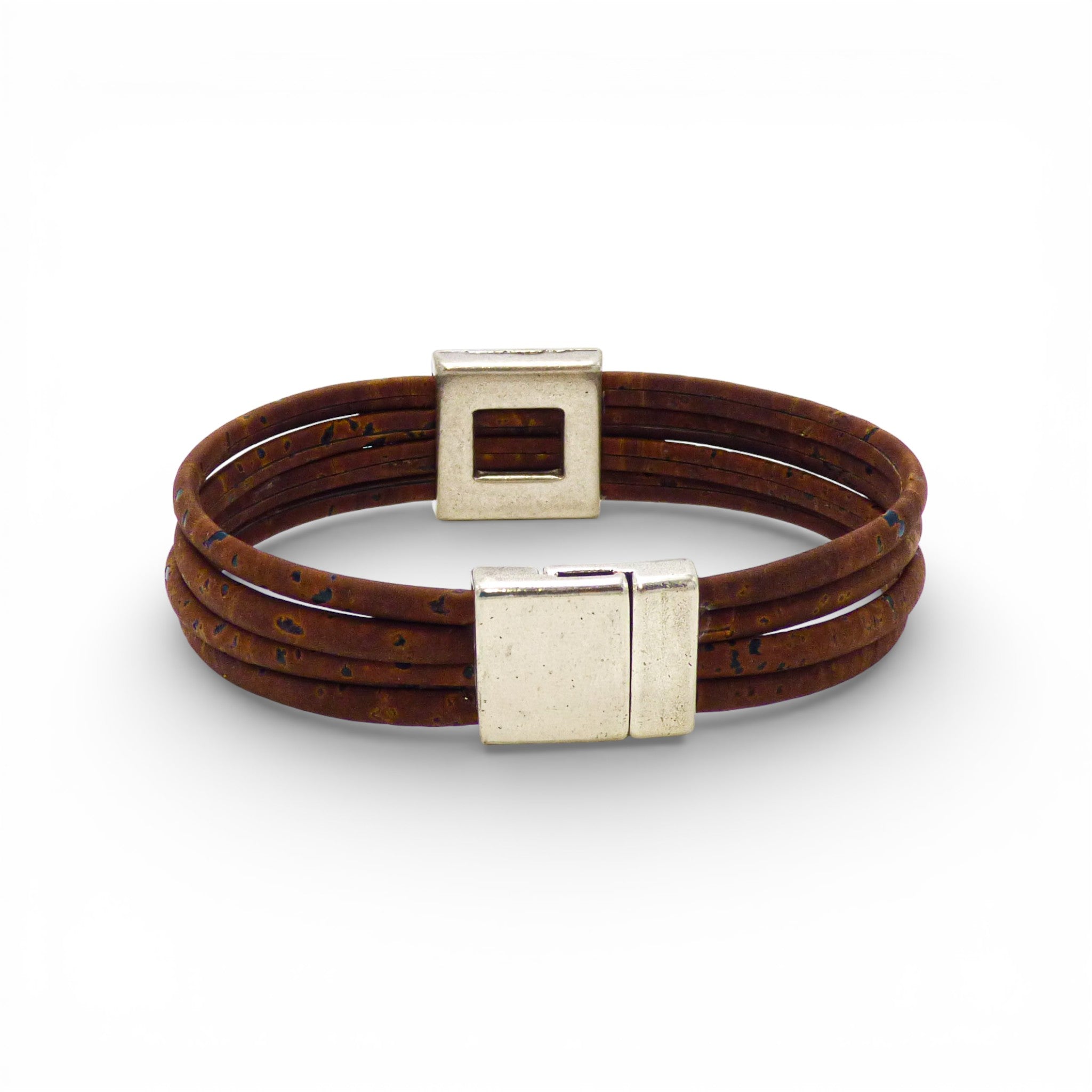 Bracelet grecque multi-cordons en liège brun — Artipel, fermoir aimanté métal blanchi, Portugal