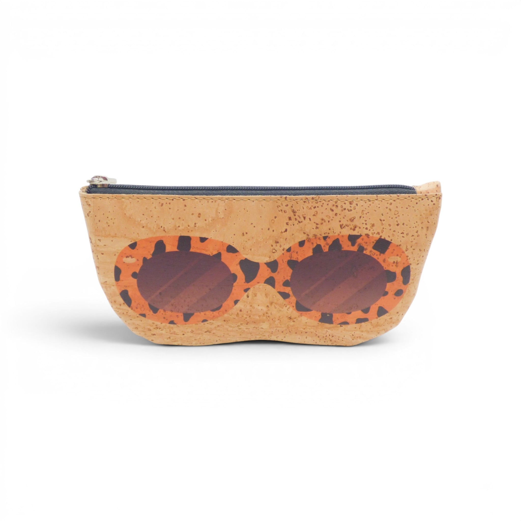 Étui à lunettes en liège souple motif panthère orange et noir, accessoire vegan artisanal portugais