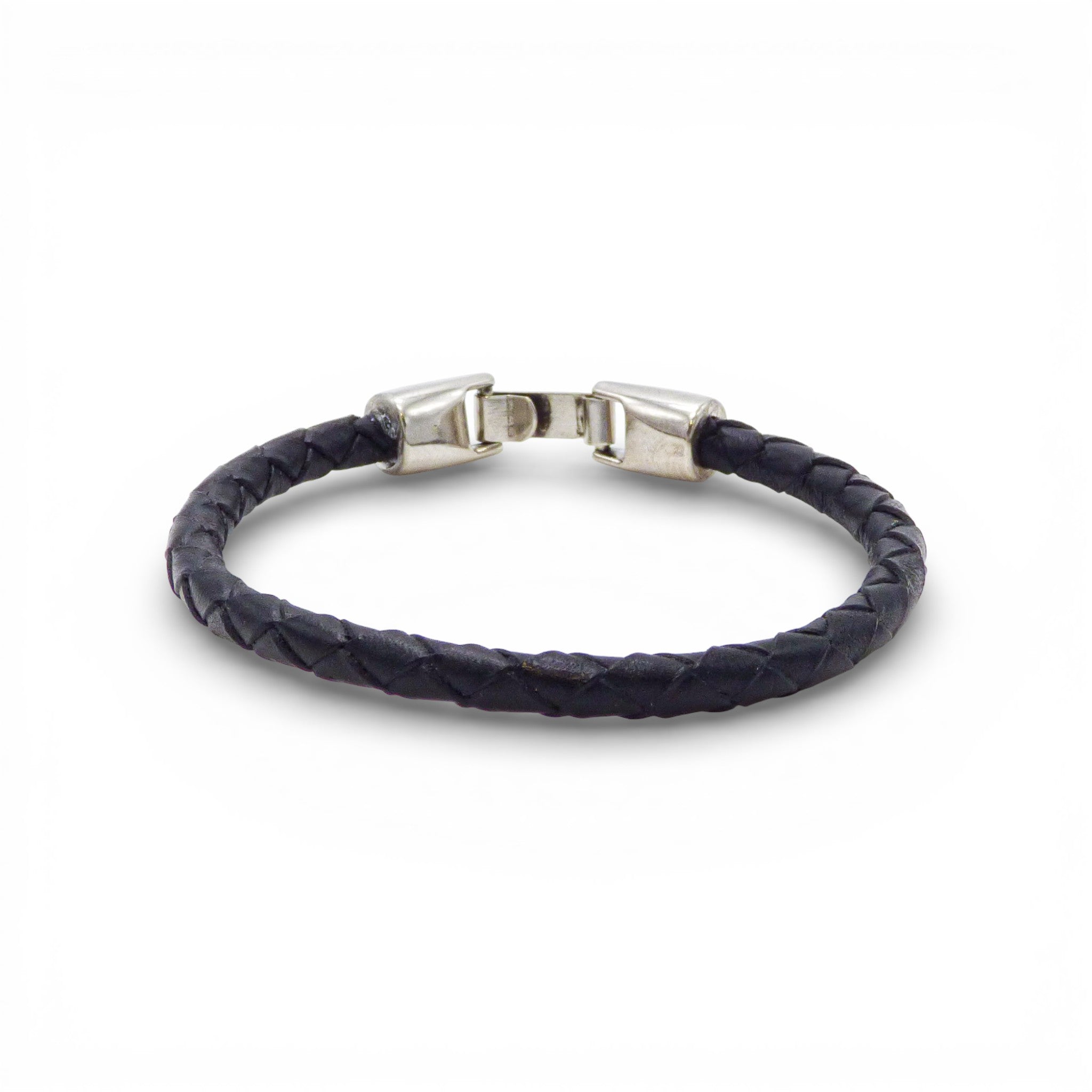 Black braided leather bracelet for men with a silver hook clasp by Artipel, showcasing a surfer style.