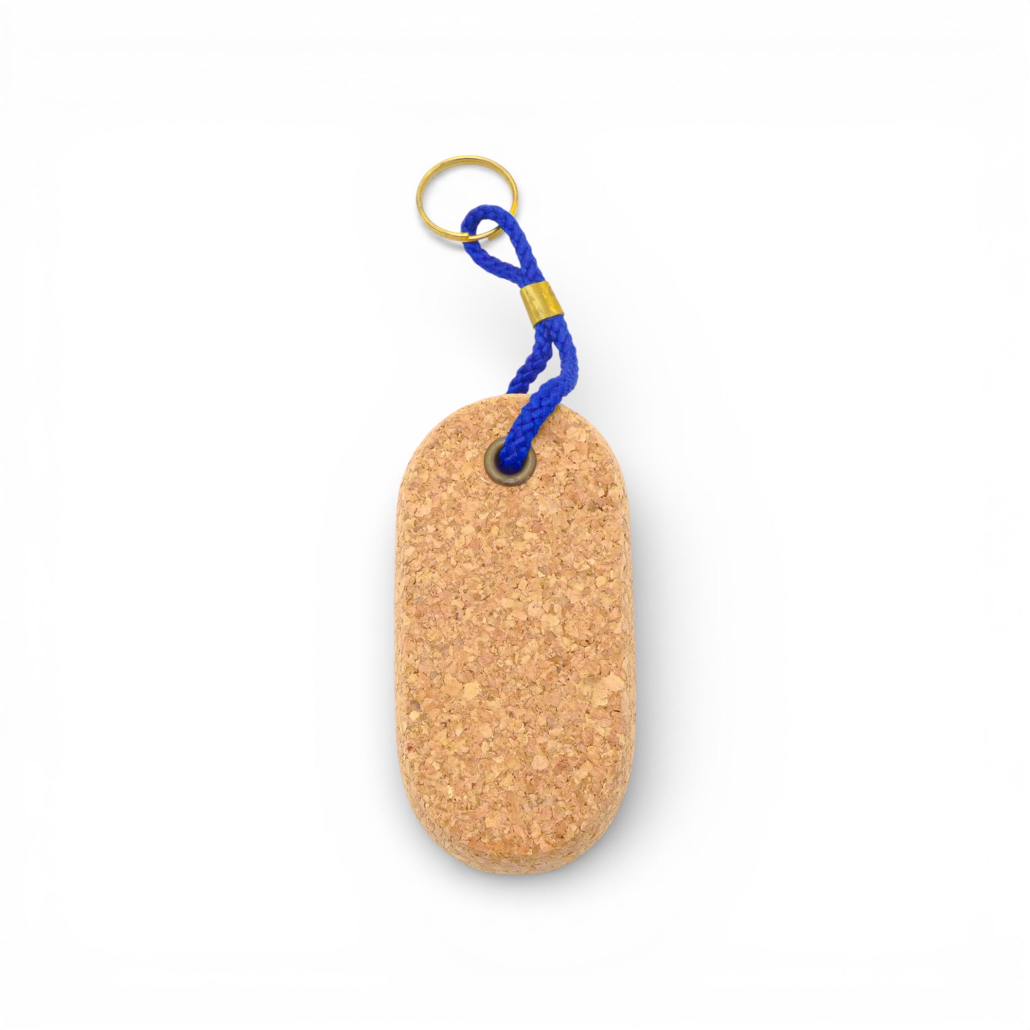 Porte-clés bouée capsule en liège naturel — Viking, cordon tressé bleu, anneau doré, Portugal