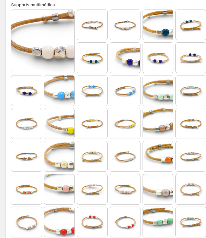 Aperçu des coloris du bracelet jonc fin en liège — Cork Colors, nombreuses variantes de perles, Portugal