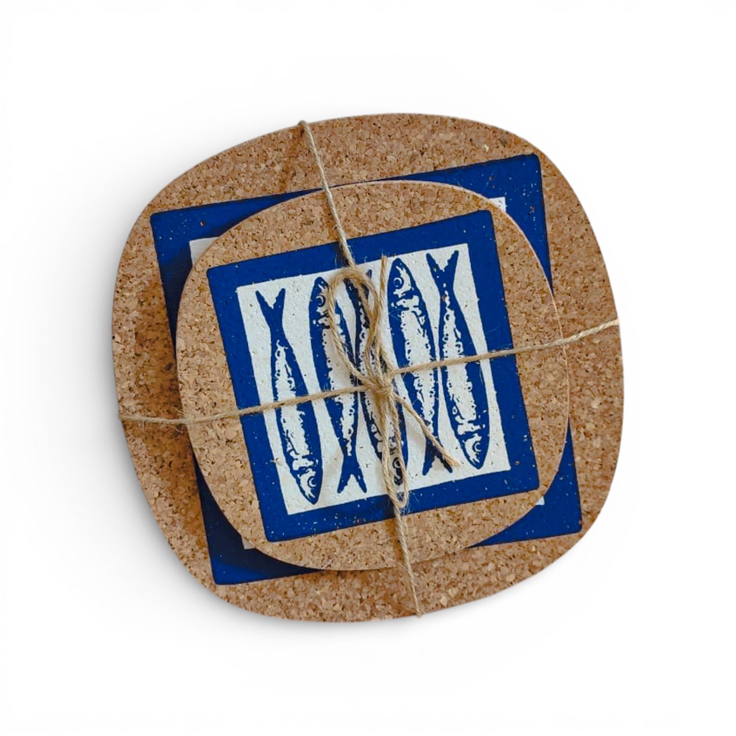 Viking Dessous de Plat featuring a blue sardine design on a natural cork surface, perfect for protecting table surfaces.