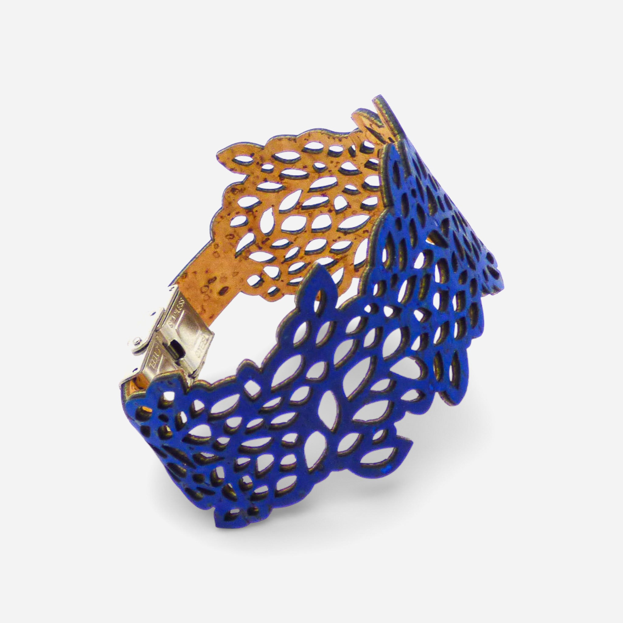 Blue electric lace-patterned cork bracelet for women by Cork Colors, showcasing intricate foliage design.