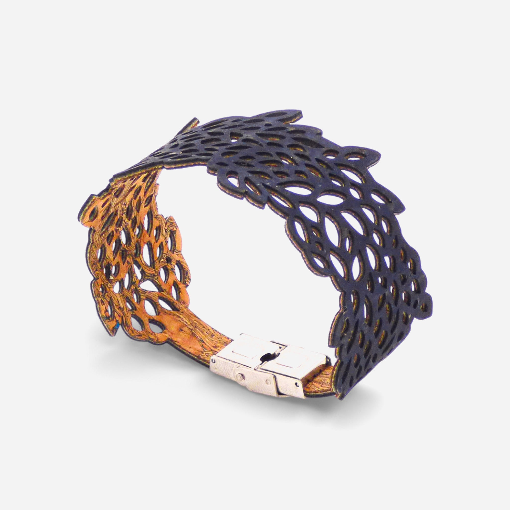 Black lace leaf design bracelet by Cork Colors, showcasing intricate cutouts and elegant cork material.