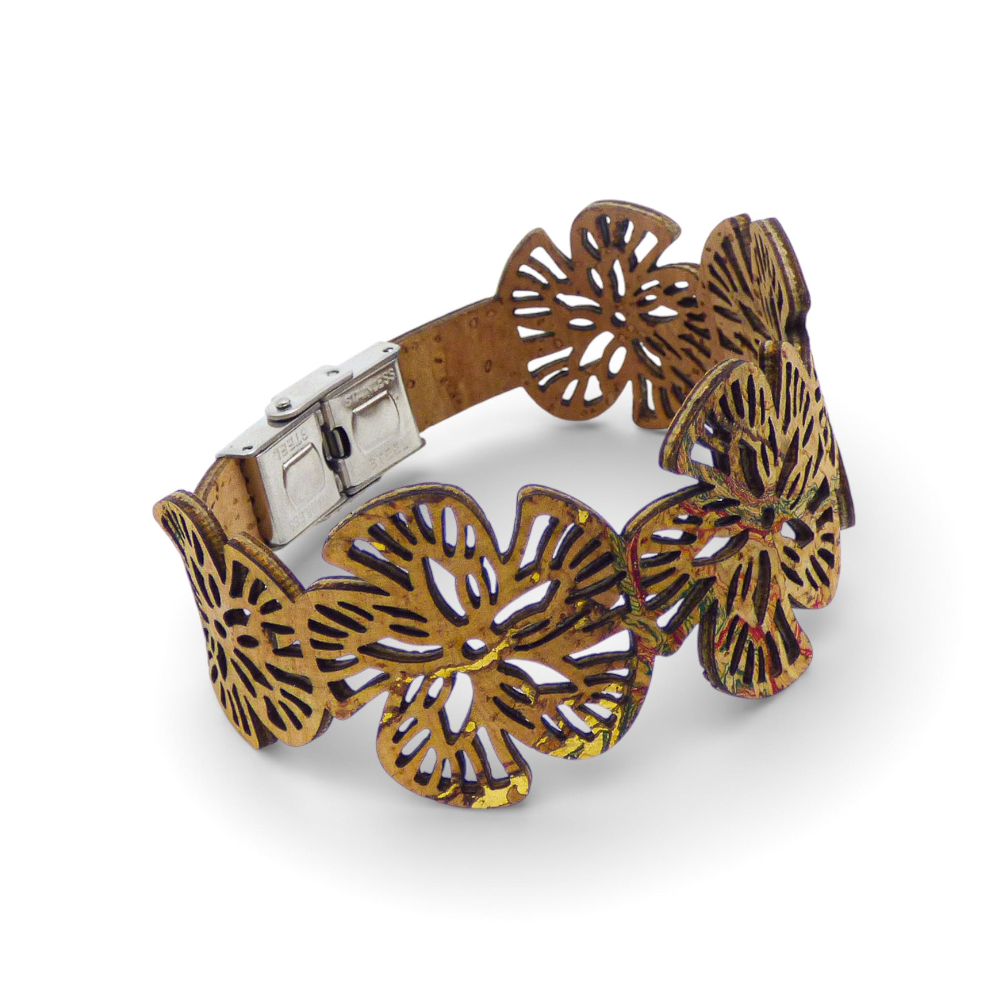 Natural red and gold floral patterned cuff bracelet for women by Cork Colors.