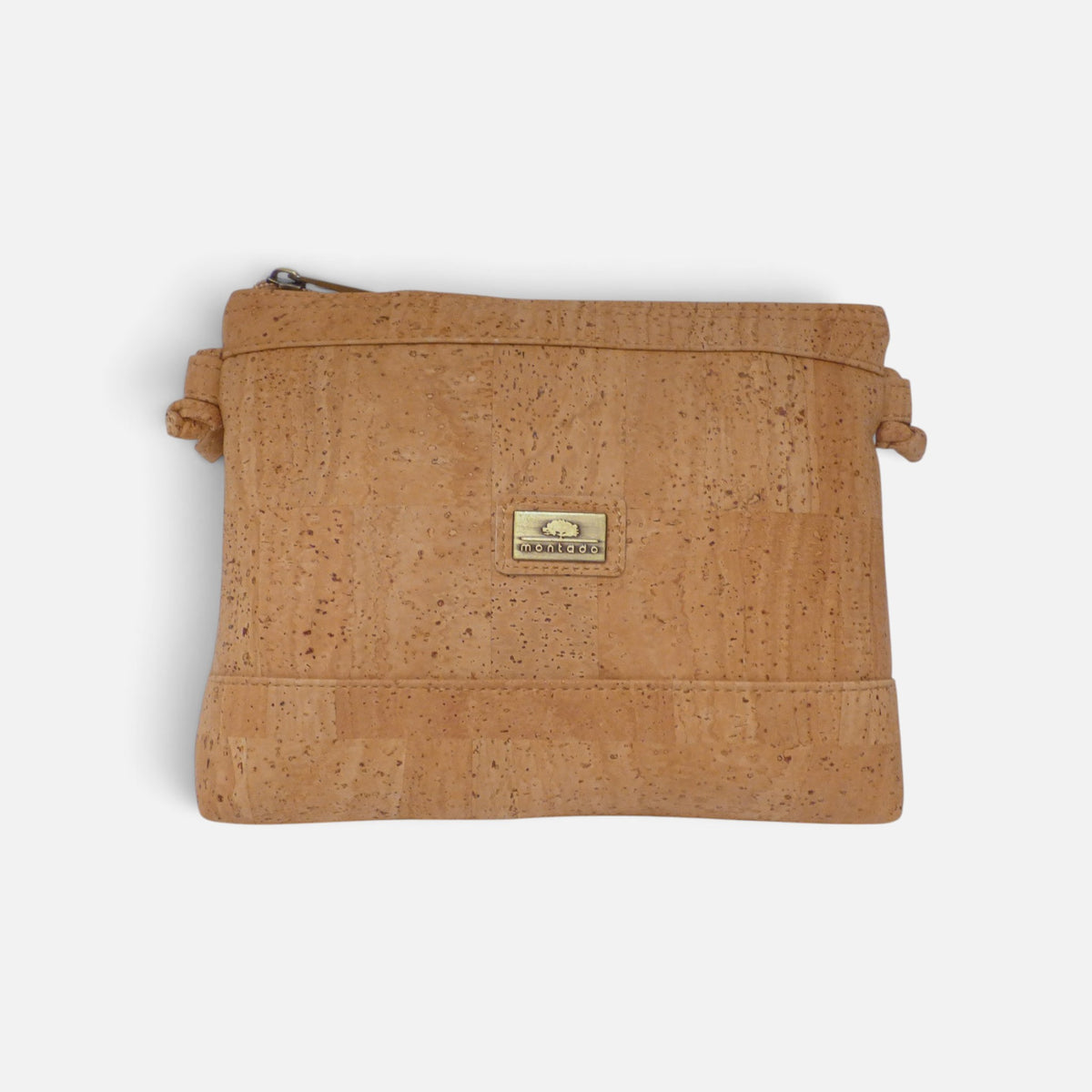 Petite pochette en liège naturel uni, bandeau ton sur ton et zip discret