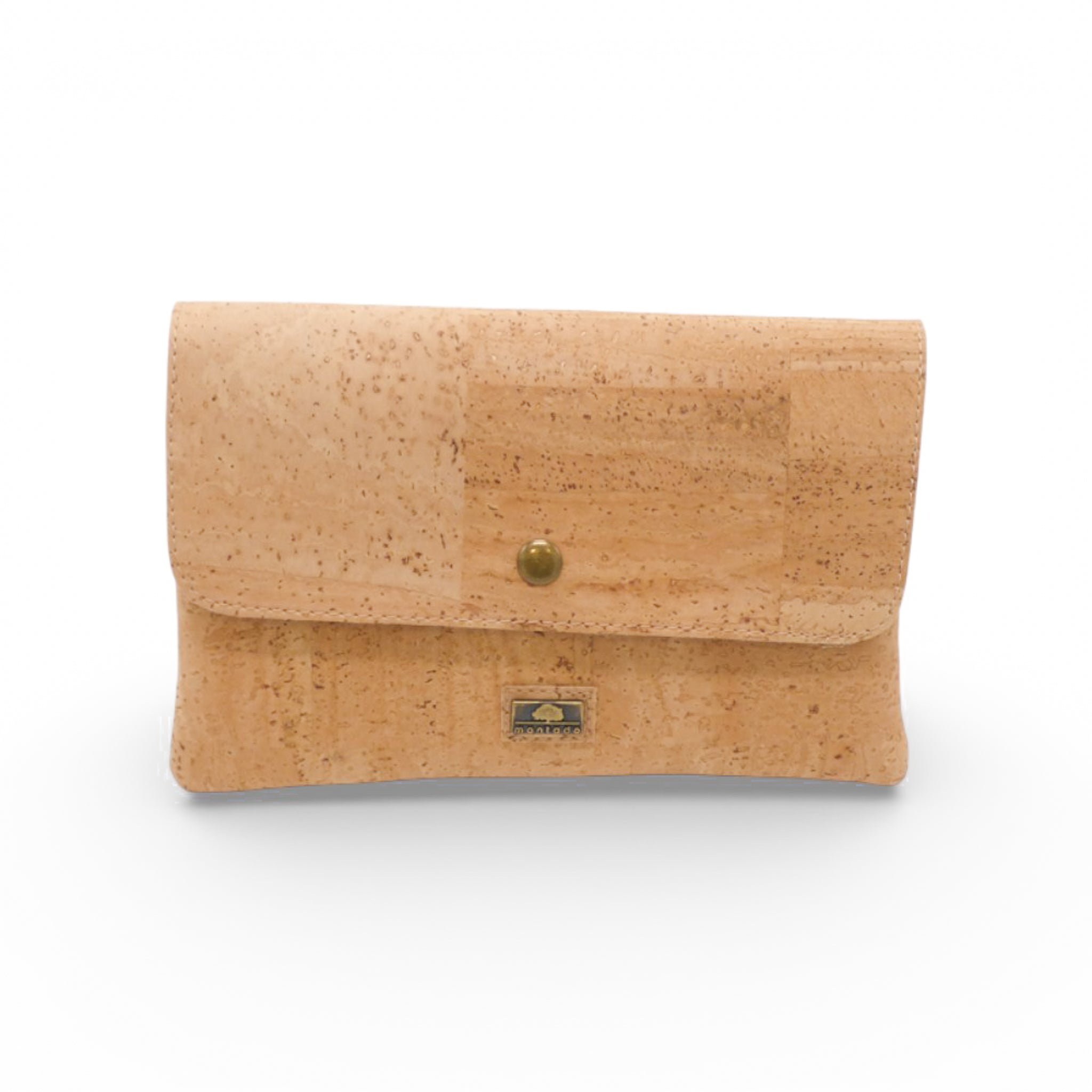 Montado Double Poche pochette in natural cork with adjustable strap and front bow detail.