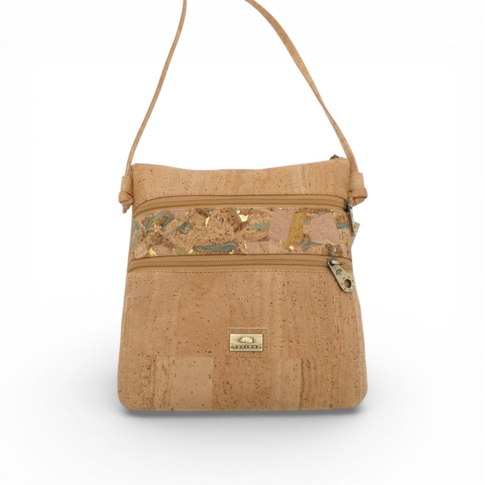 Sac bandoulière en liège naturel, bande patchwork vert et or — Montado, double zip, Portugal