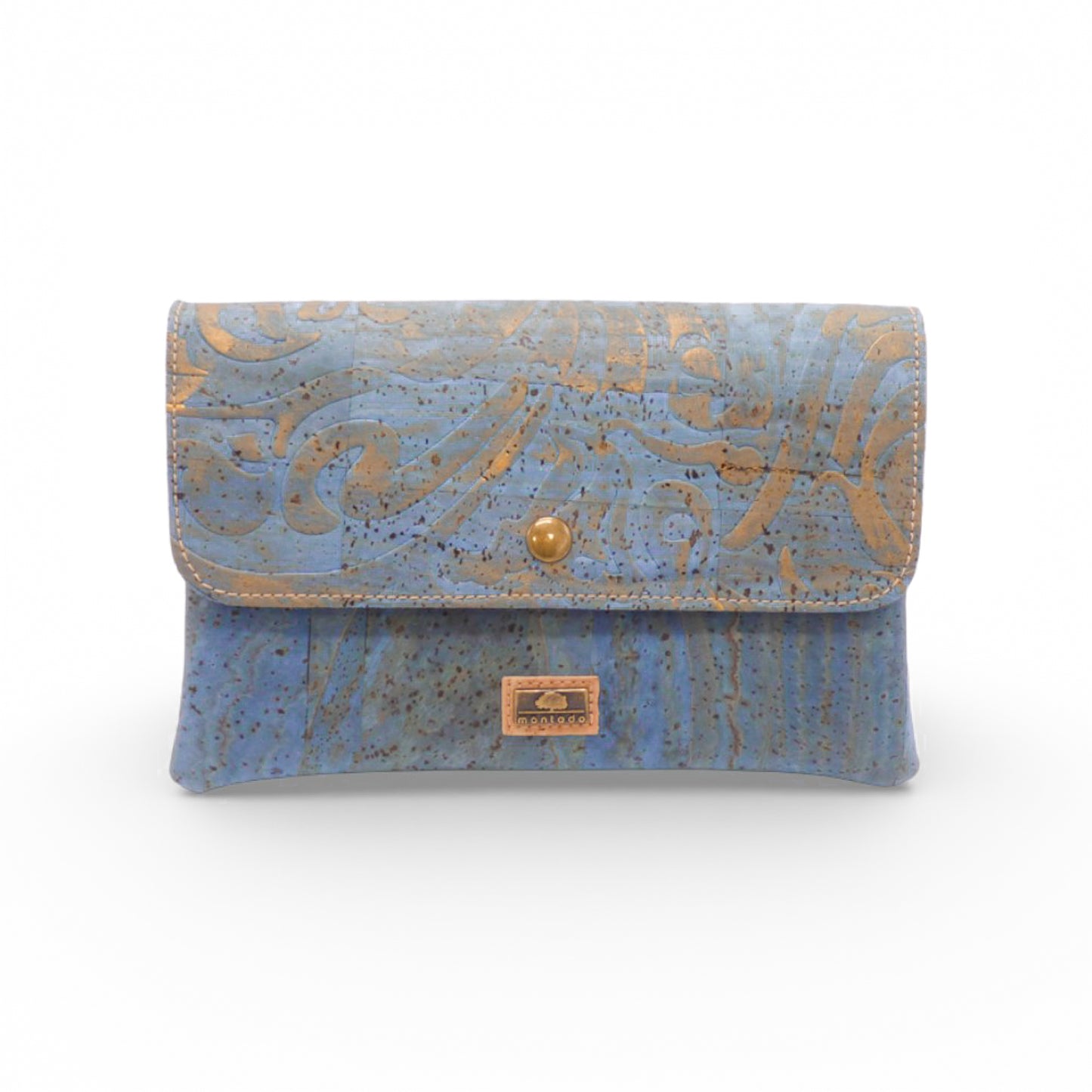 Front view of Montado Double Poche pochette in blue with relief and gold accents, showcasing its practical multi-pocket design.