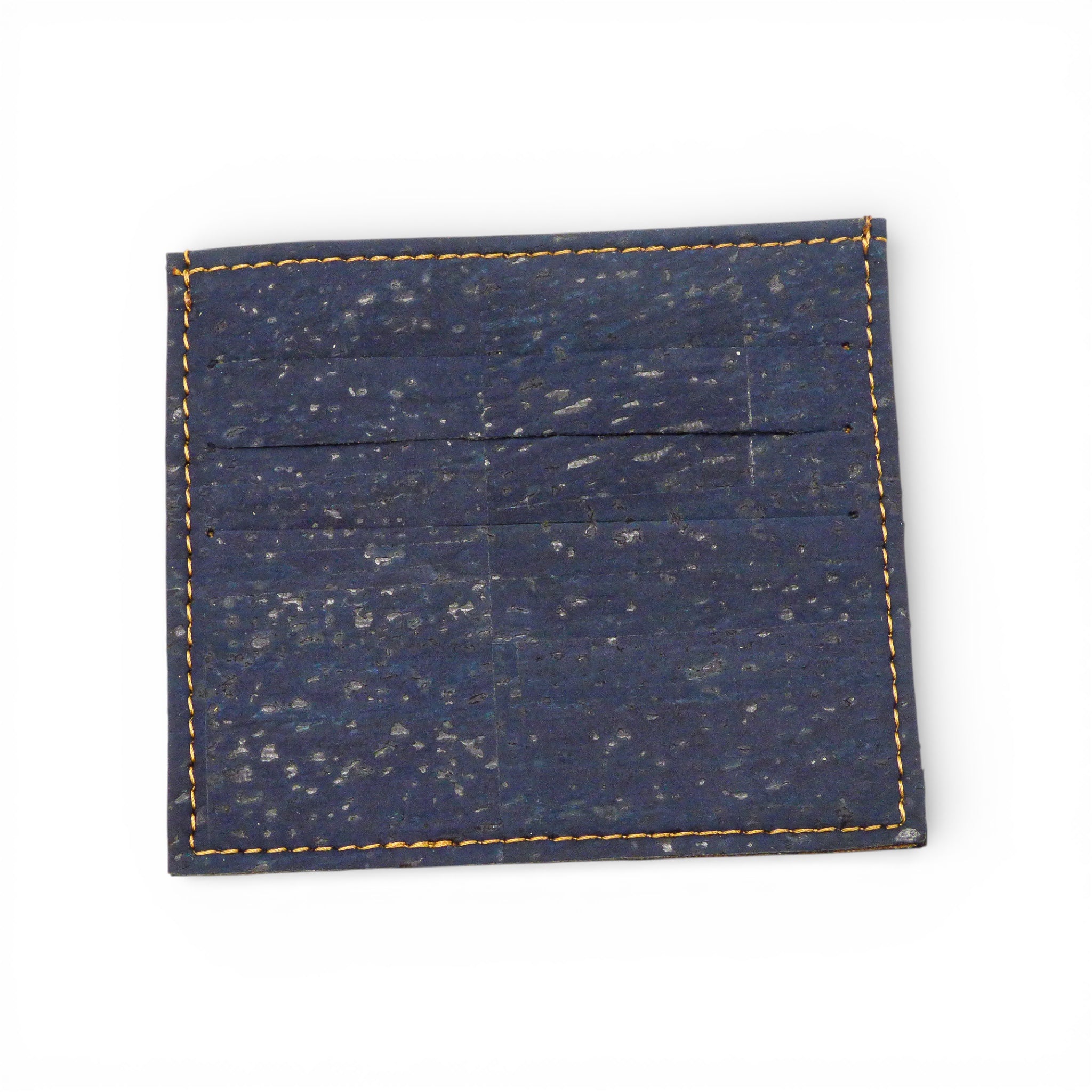 Porte-cartes slim en liège bleu marine, face avant — Amador Varum, surpiqûre moutarde, Portugal