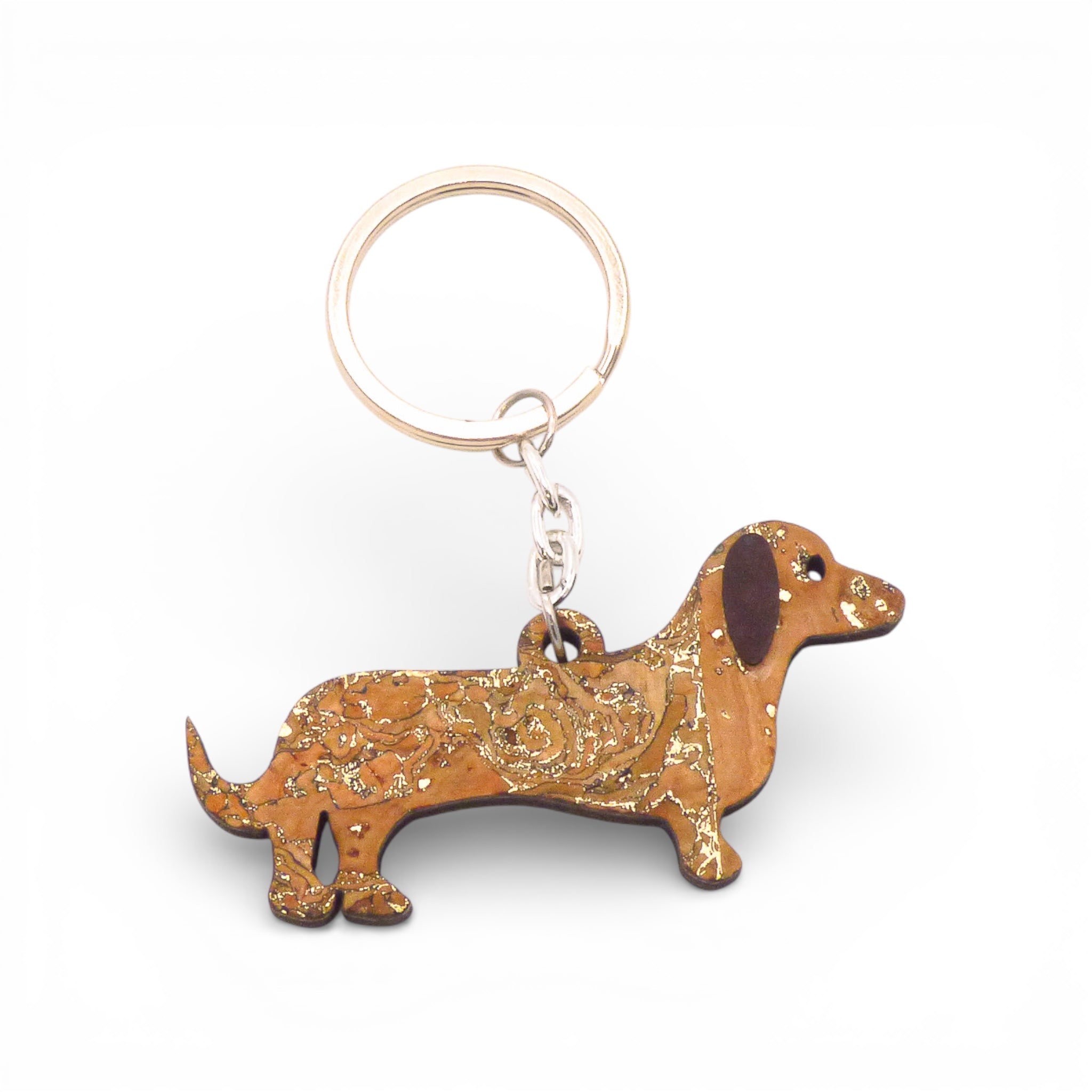 Natural cork keychain featuring a dog design by Cork Colors, showcasing eco-friendly materials and unique texture.