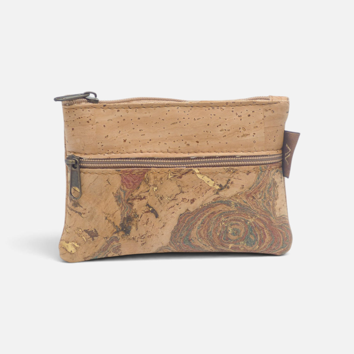 Porte-monnaie en liège marbré brun et doré, motif façon bois veiné