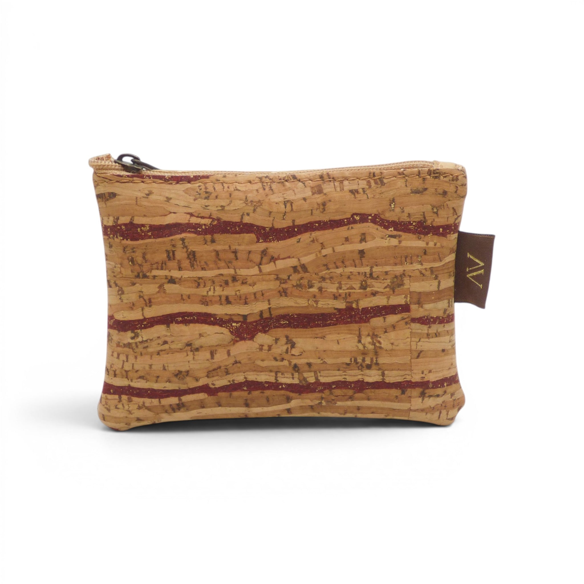 Porte-monnaie liège naturel lisérés marron-rouge, bijou vegan minimaliste artisanat portugais