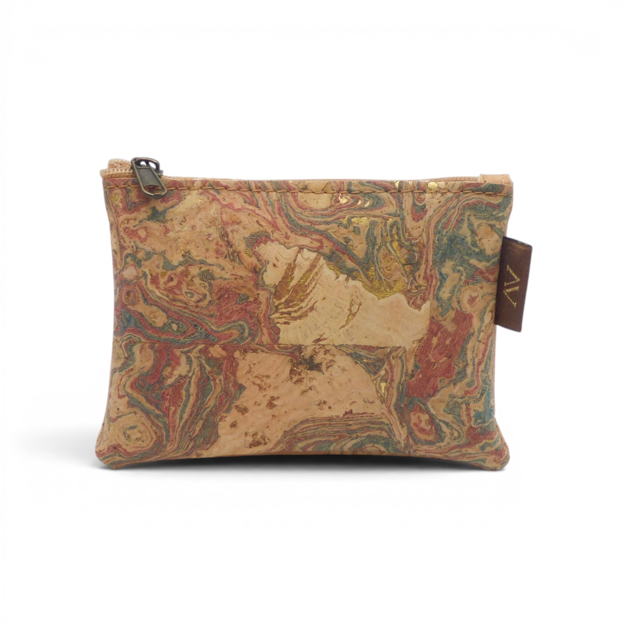 Porte-monnaie zippé en liège à motif Mapa beige, rouille et vert, accessoire vegan fait main Portugal