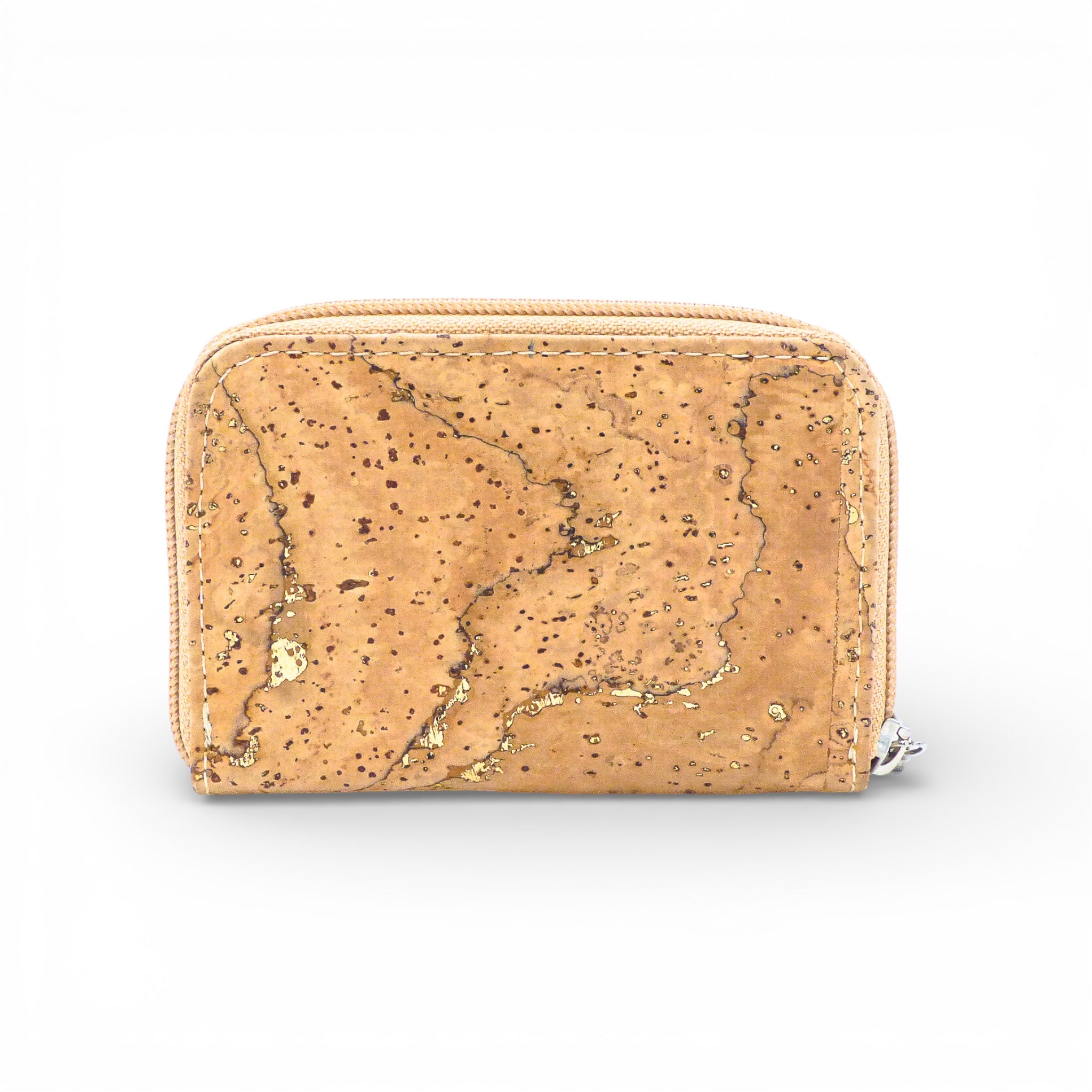 Compact zippered wallet in natural cork design with authentic texture by Cork Design, showcasing artisan craftsmanship.