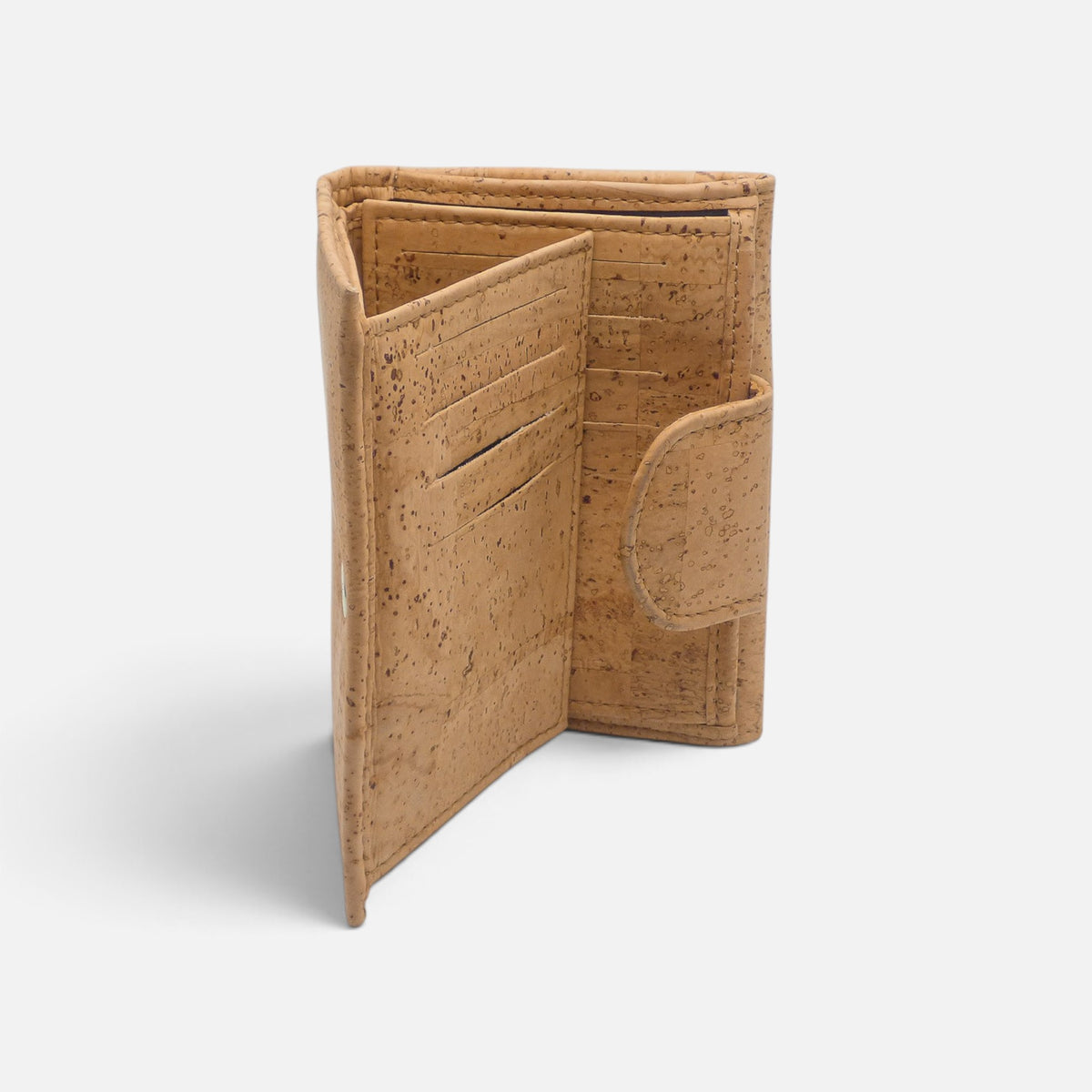 Intérieur d'un portefeuille en liège, fentes cartes et patte porte-monnaie