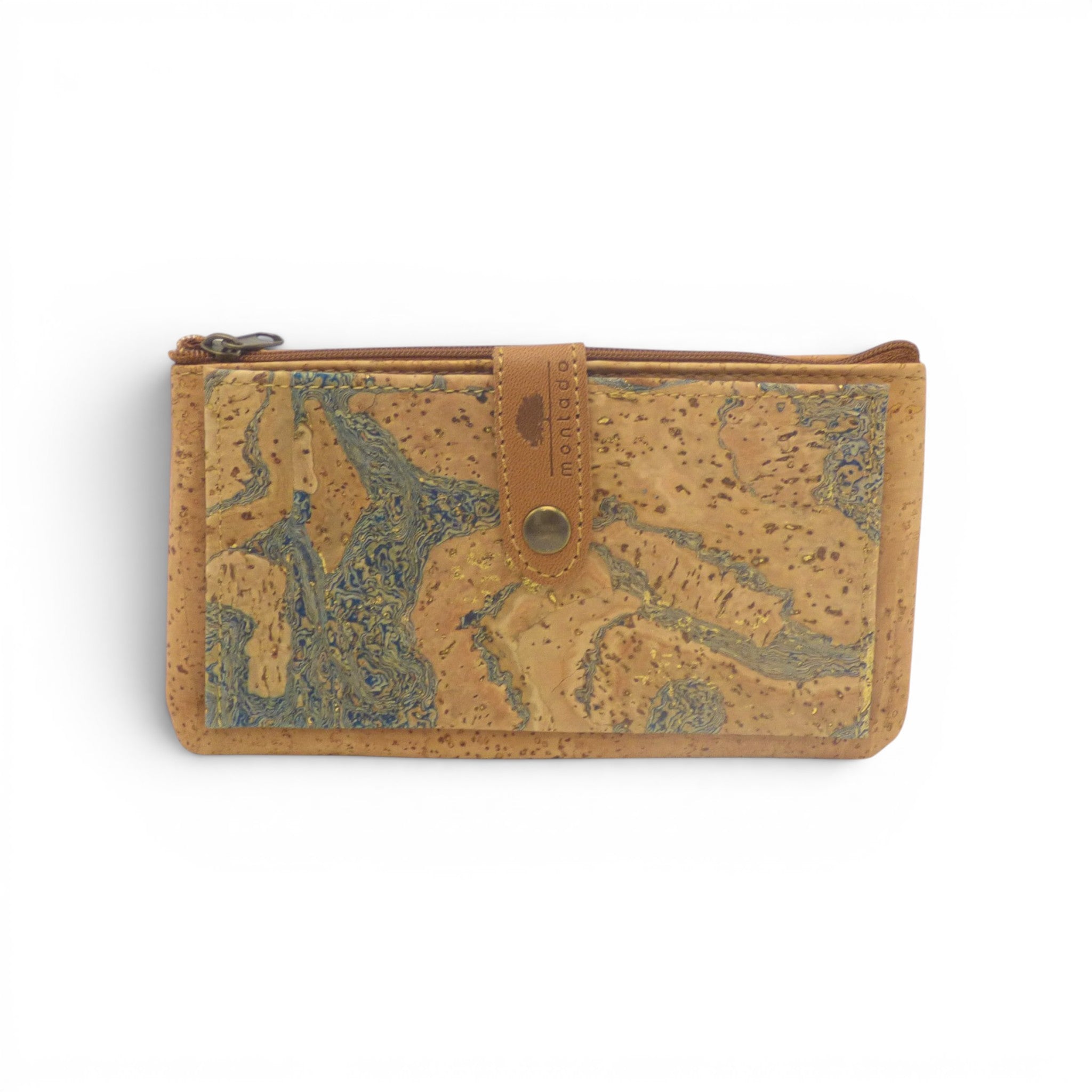 Portefeuille zippé liège marbre bleu or, design luxe protection