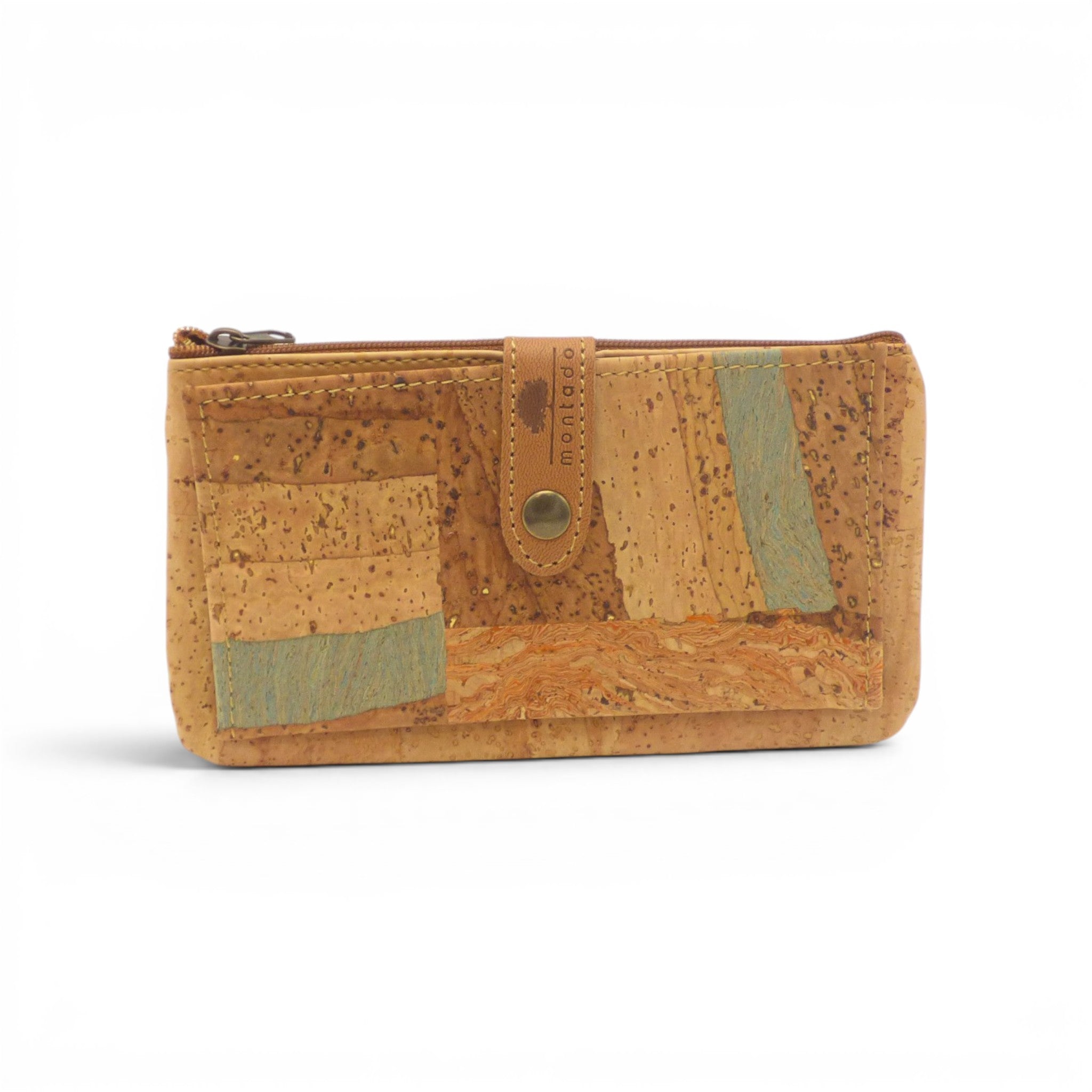Portefeuille zippé liège patchwork beige vert orange, naturel chaud