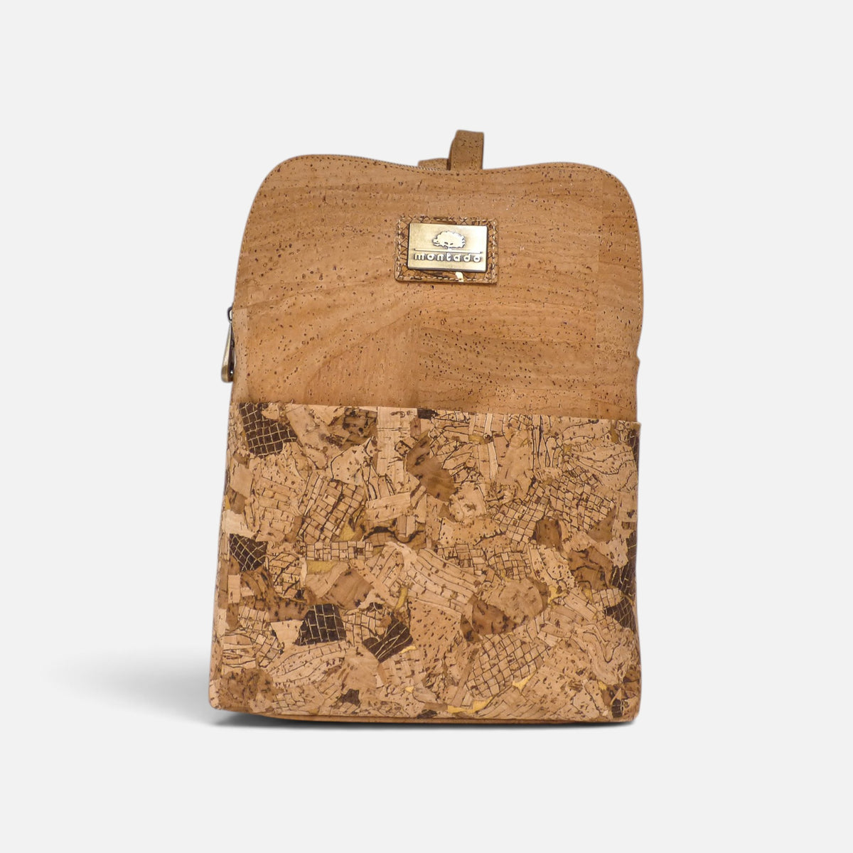 Sac à dos compact en liège motif Calcado, poche avant pavée brun et doré
