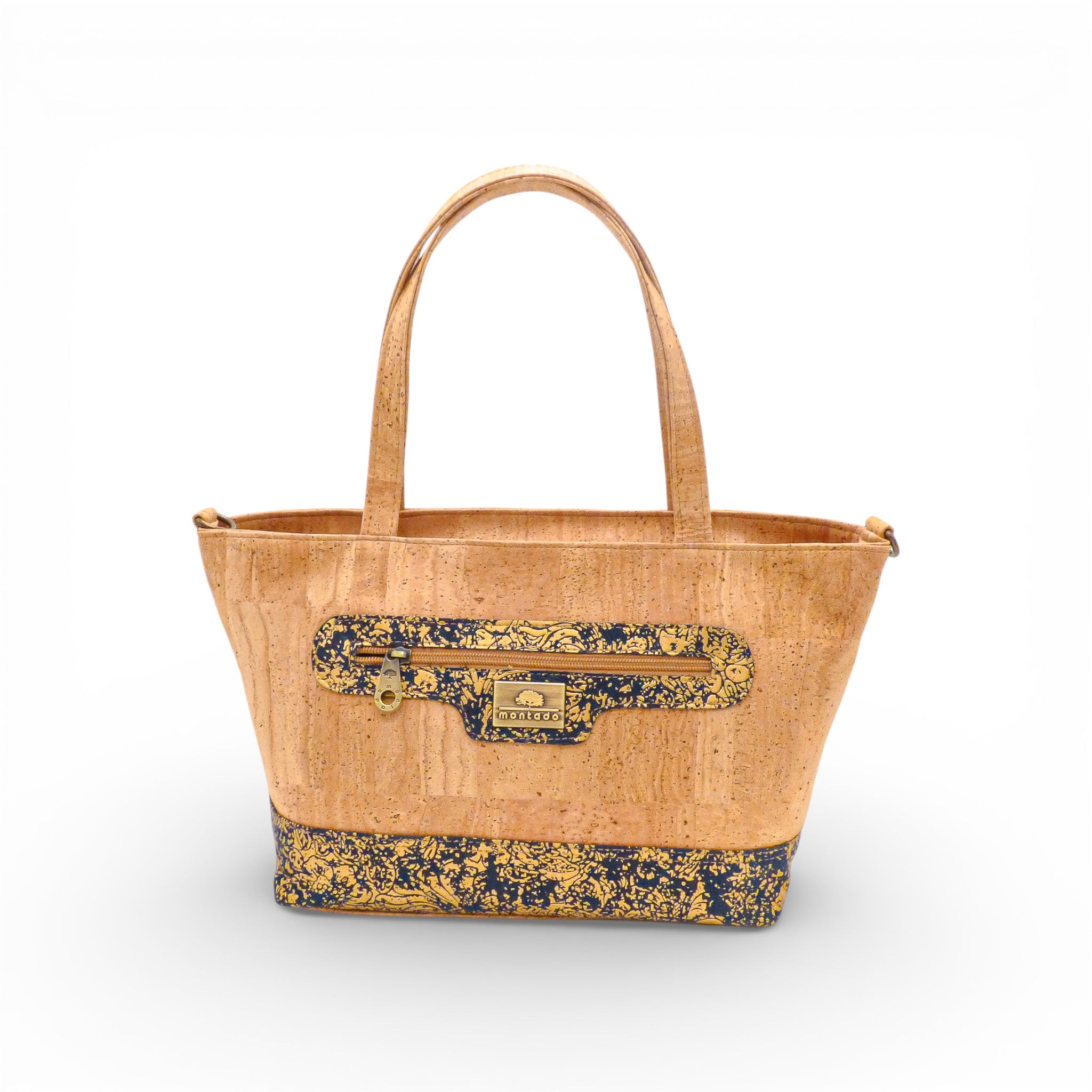 Sac à main en liège Relief Montado, motif bleu et or, vue de face, style vegan et durable.