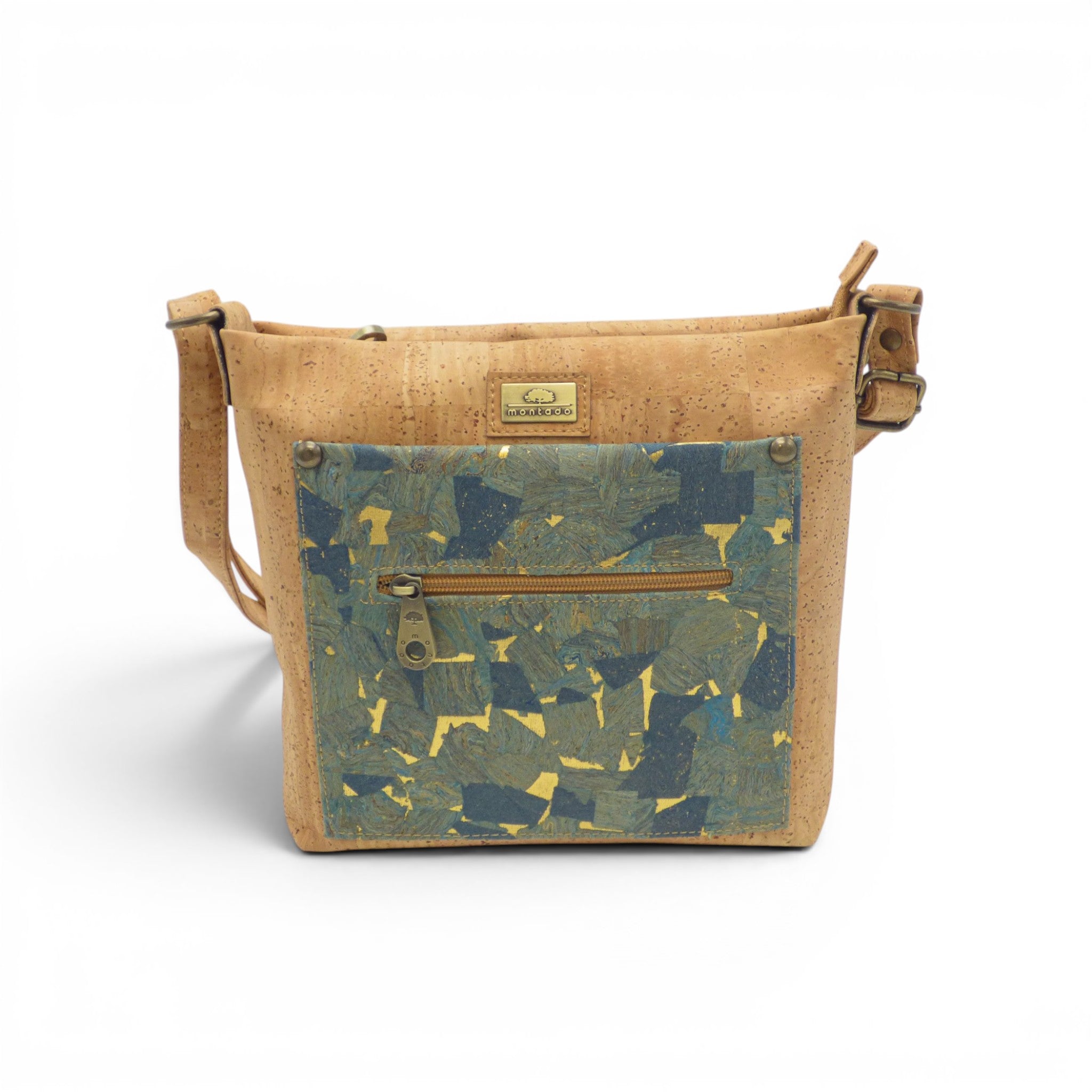 Sac bandoulière multi-poche en liège, coloris Oceano bleu-vert doré, Montado