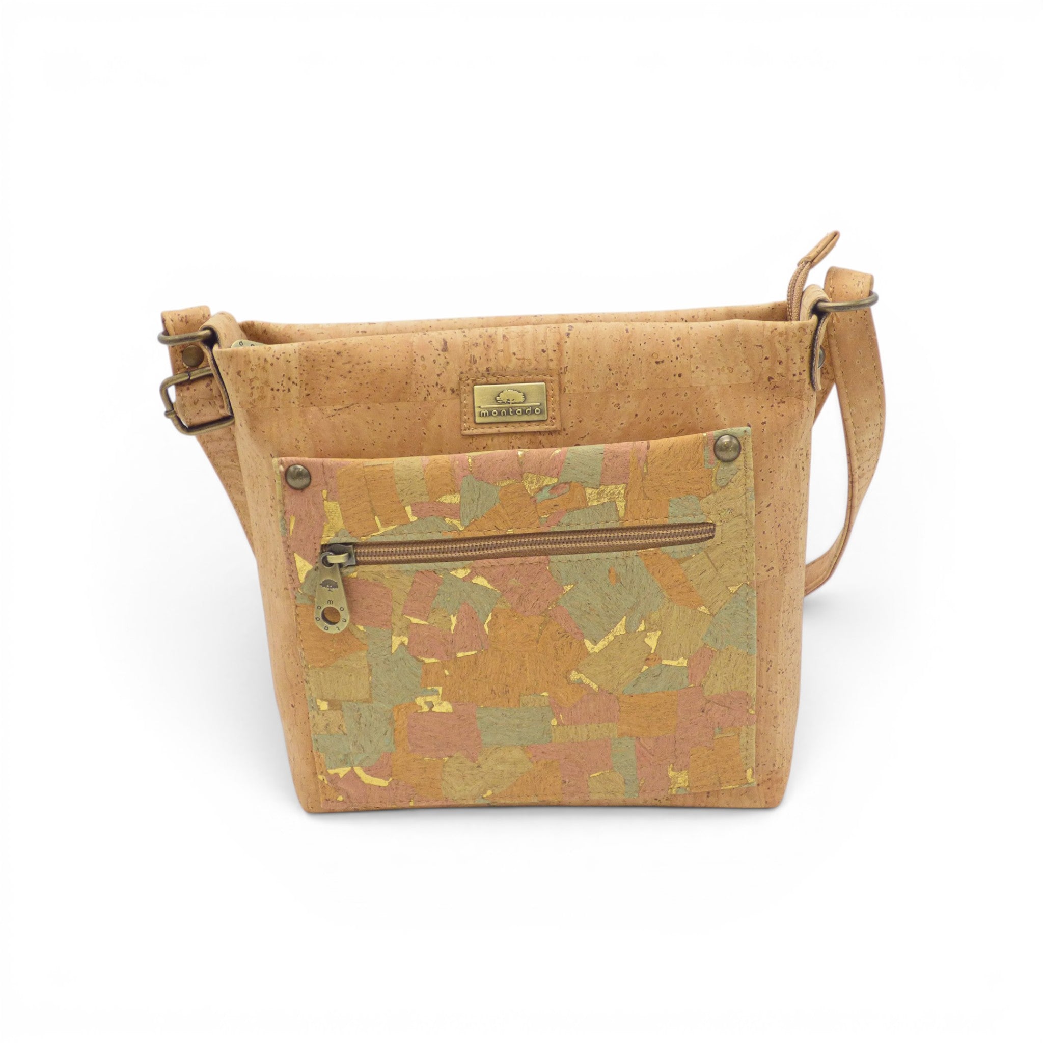 Sac bandoulière liège pastel rose-vert multipoches