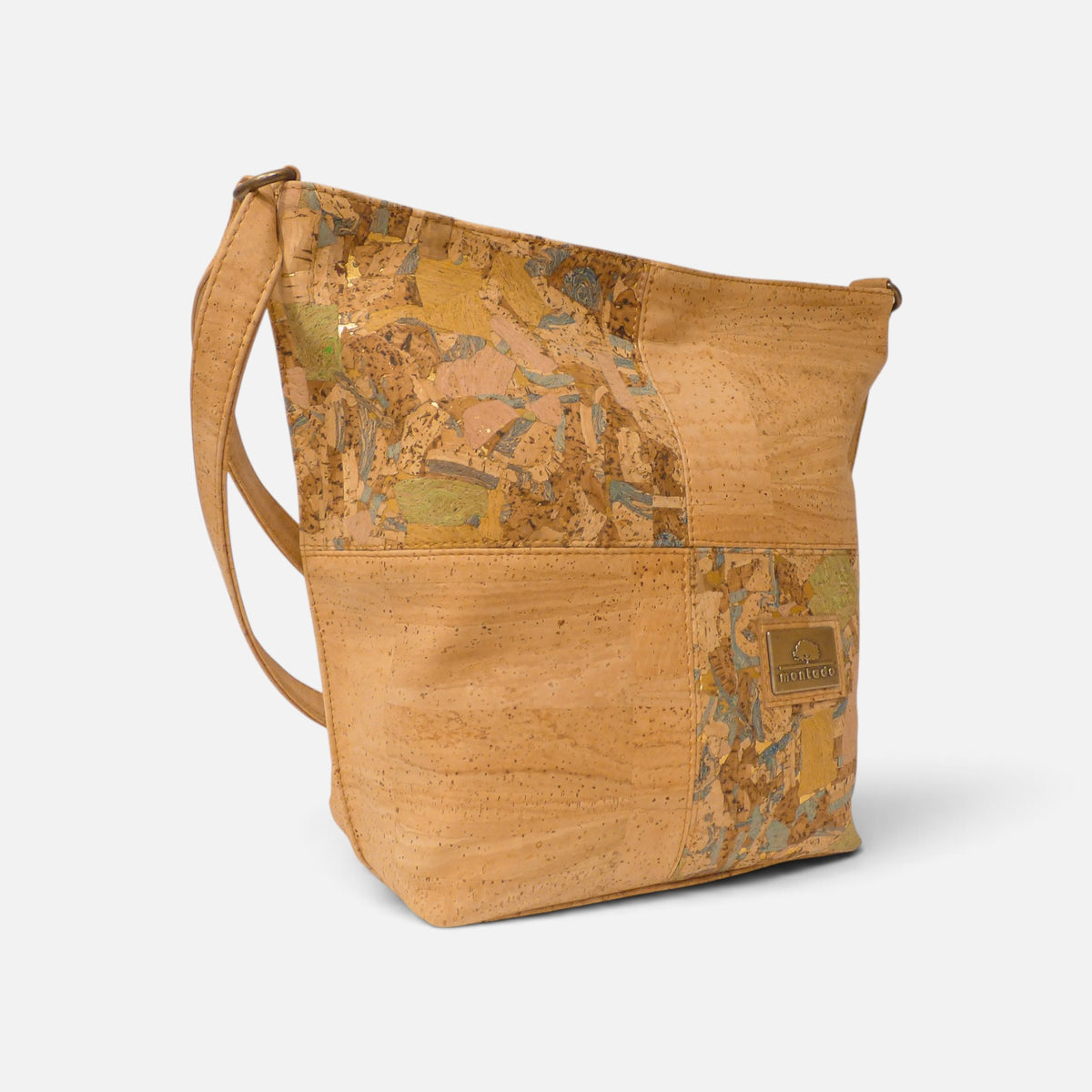 Sac bandoulière en liège damier Atlas, facettes olive et sable