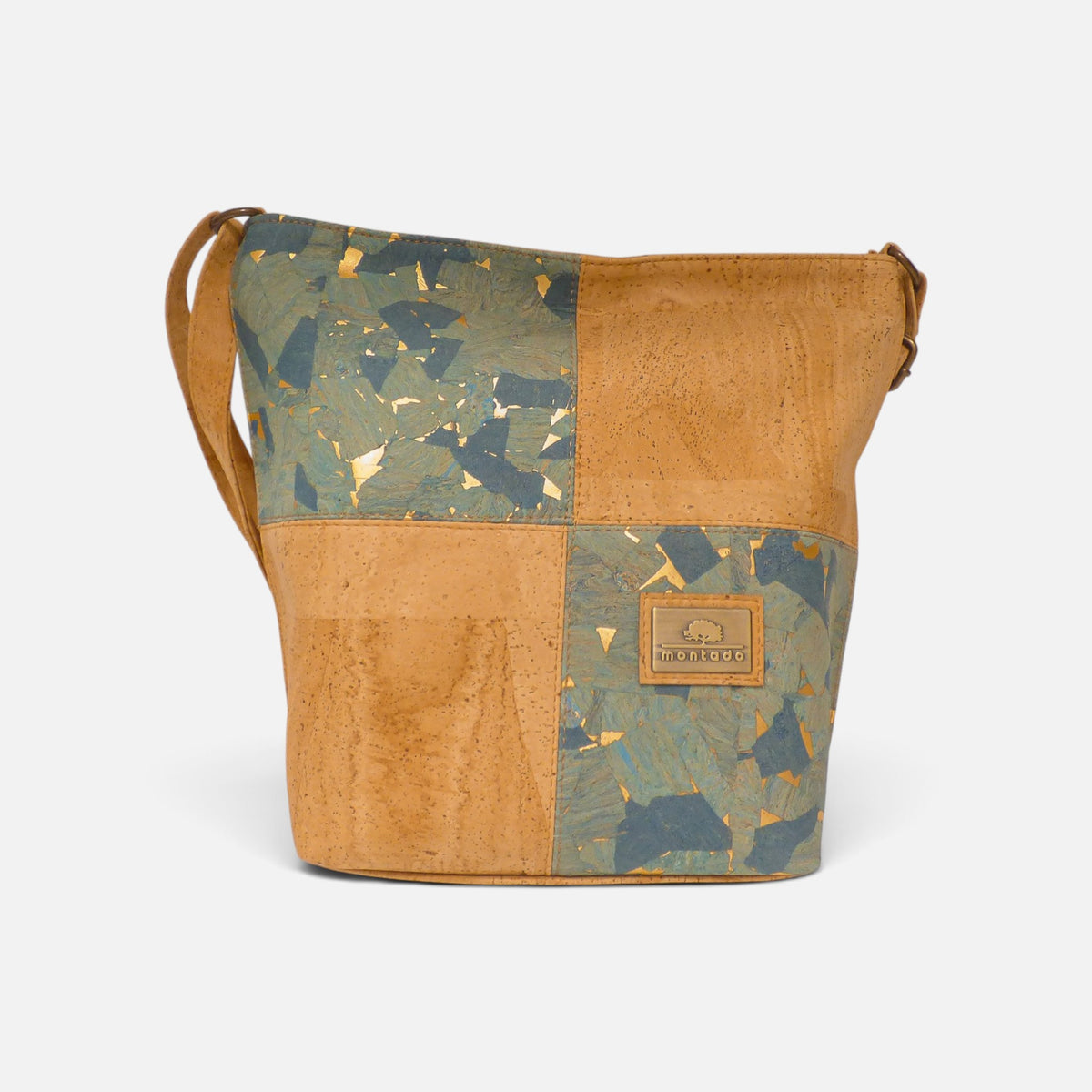 Sac seau en liège bleu océan vu de face, damier à éclats dorés
