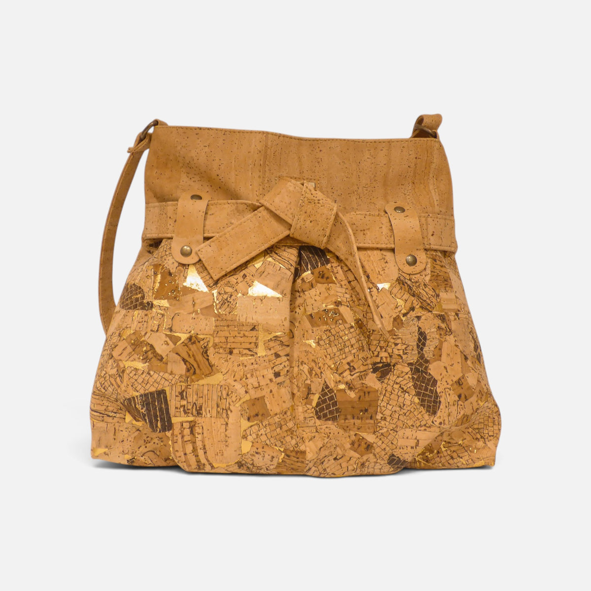 Sac bandoulière en liège mosaïque à éclats dorés, nœud noué sur le devant