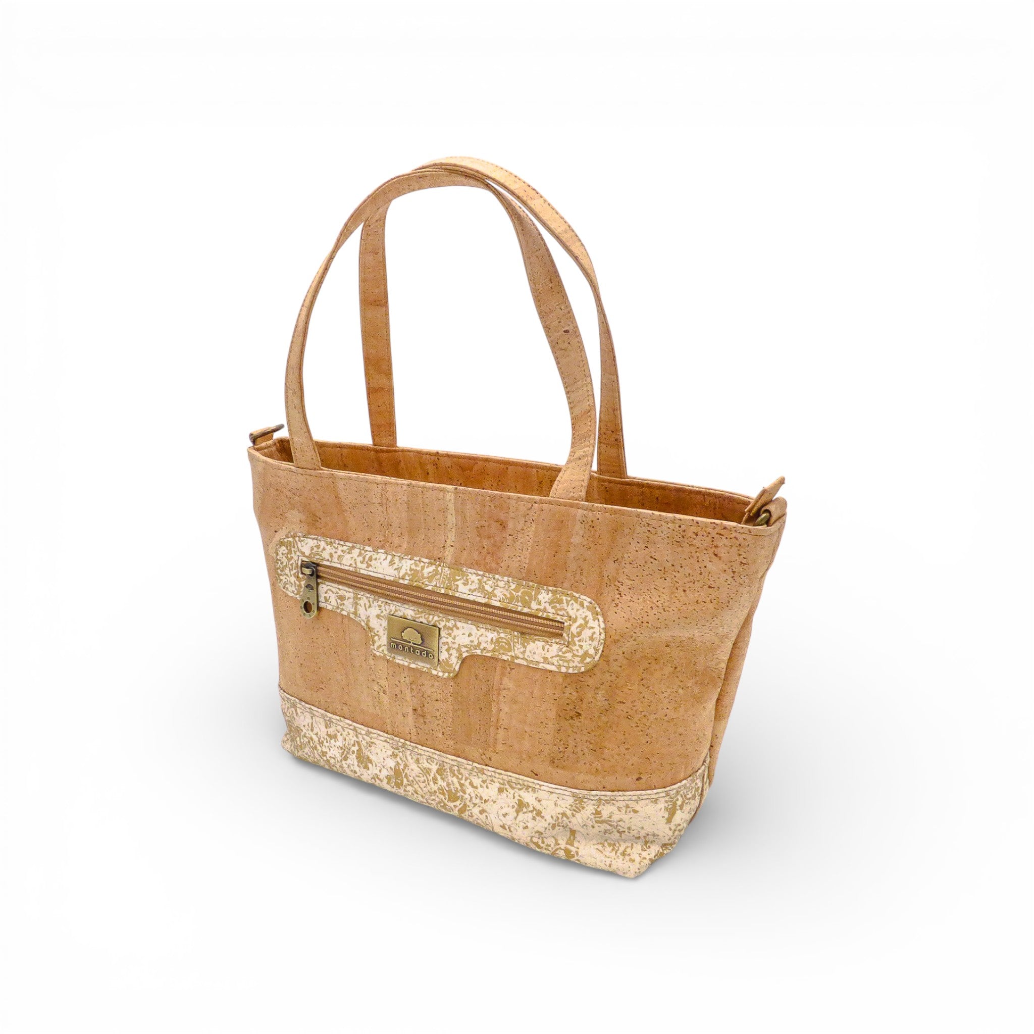 Sac à main en liège Relief Montado, motif bleu et or, vue trois quarts du sac cabas .
